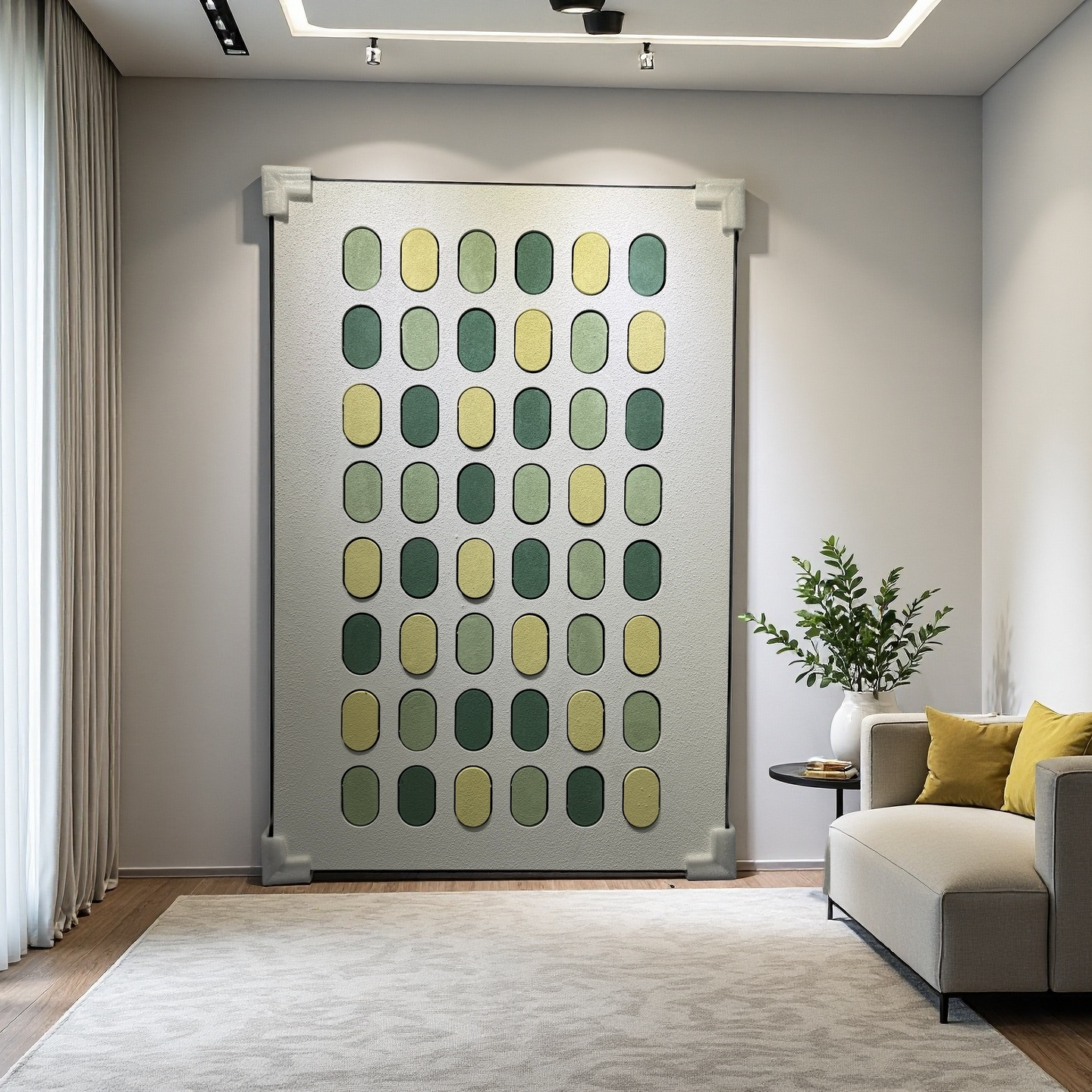 Modern minimalist 80×120cm geometric wall art with green and yellow ovals, wall-mounted display