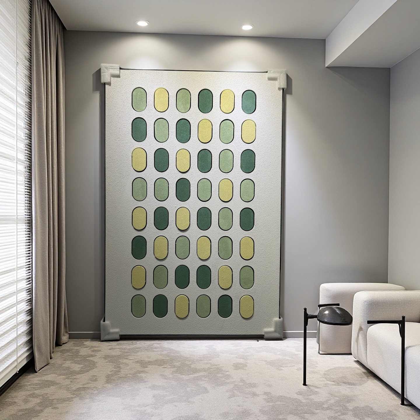 Modern minimalist 80×120cm geometric wall art with green and yellow ovals, wall-mounted display