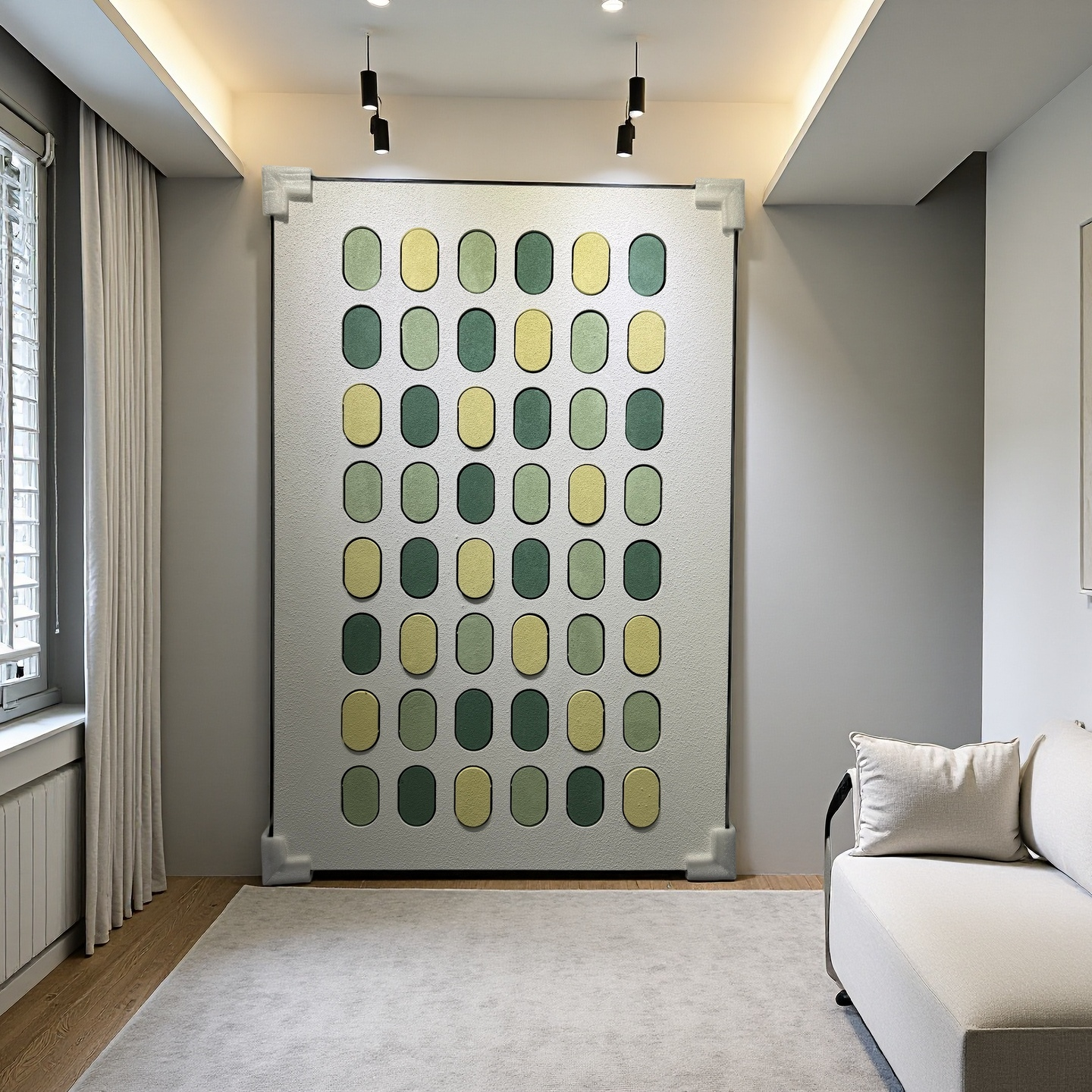 Modern minimalist 80×120cm geometric wall art with green and yellow ovals, wall-mounted display