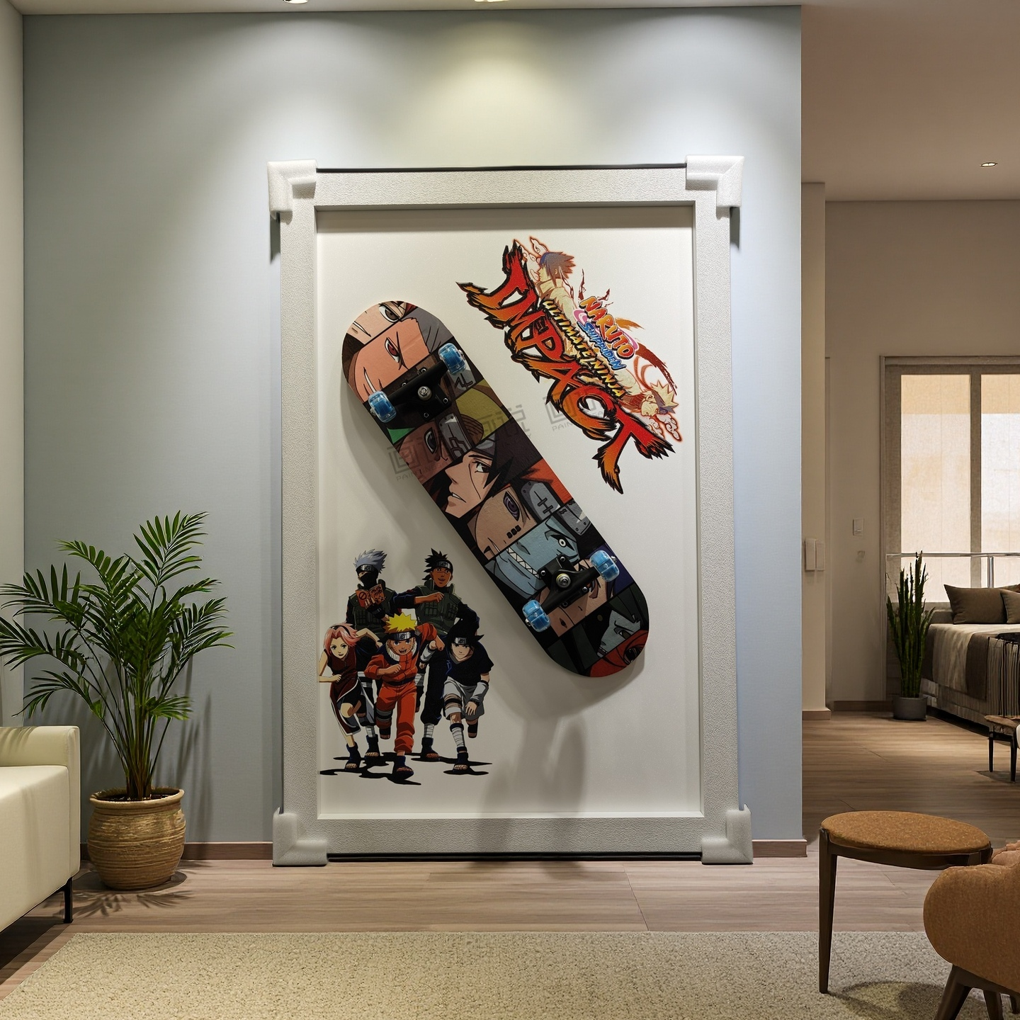 Naruto Shippuden 3D skateboard wall art in 80×120cm frame with anime characters