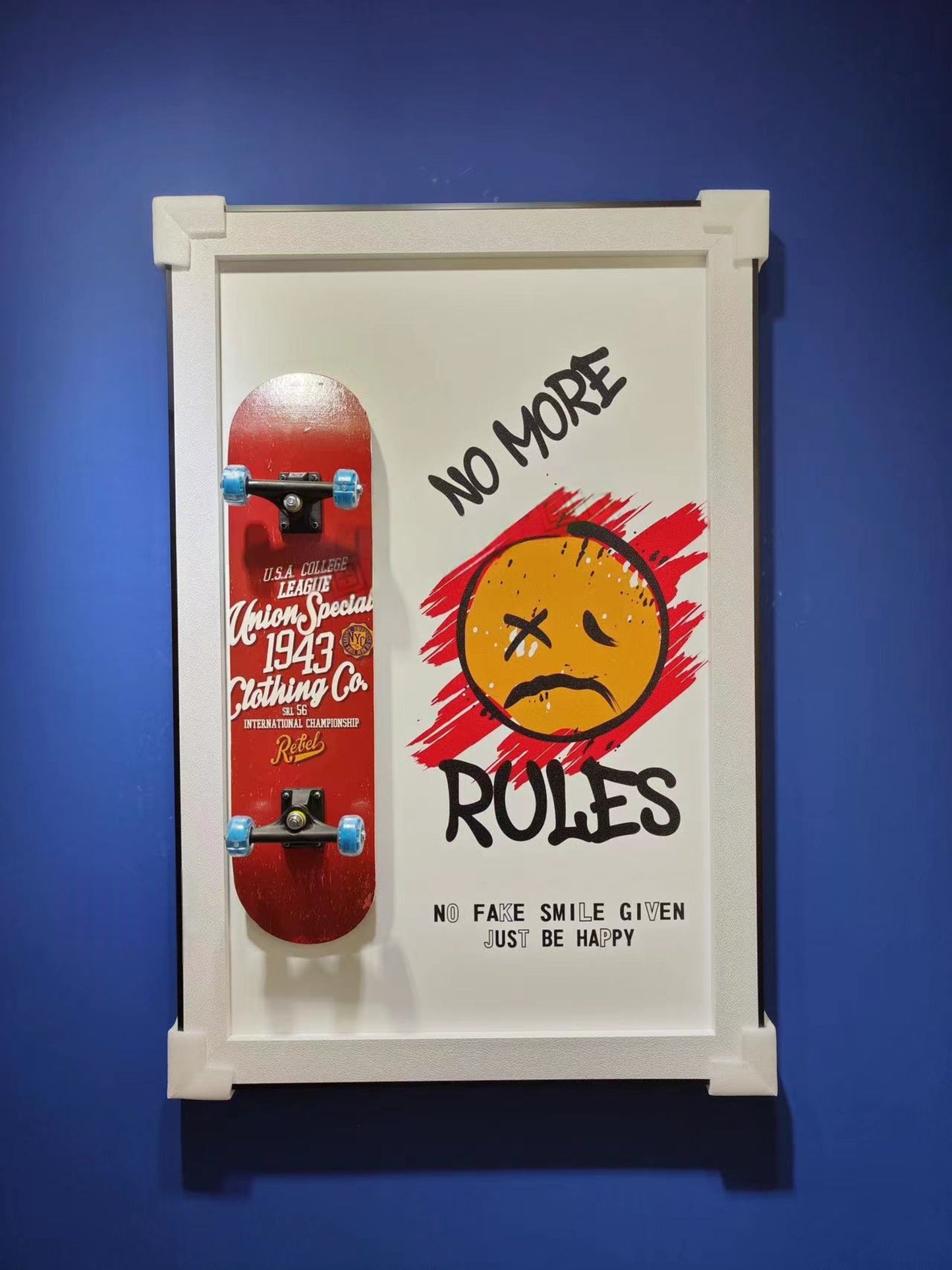 No More Rules skateboard wall art in red graffiti style, 80×120cm