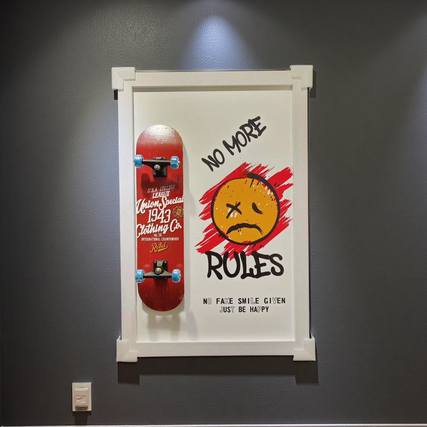No More Rules skateboard wall art in red graffiti style, 80×120cm
