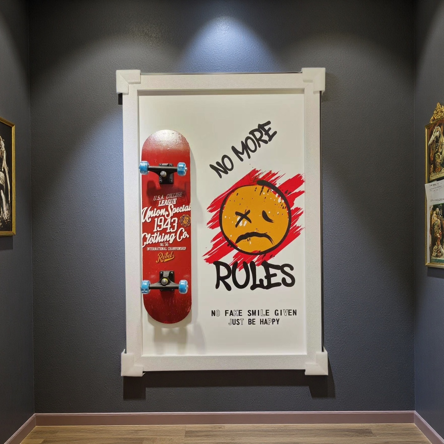 No More Rules skateboard wall art in red graffiti style, 80×120cm