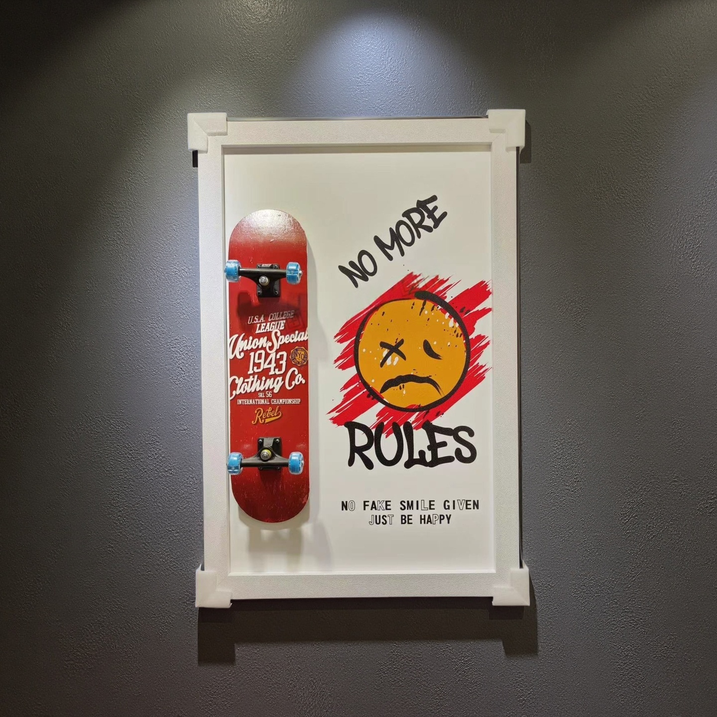 No More Rules skateboard wall art in red graffiti style, 80×120cm