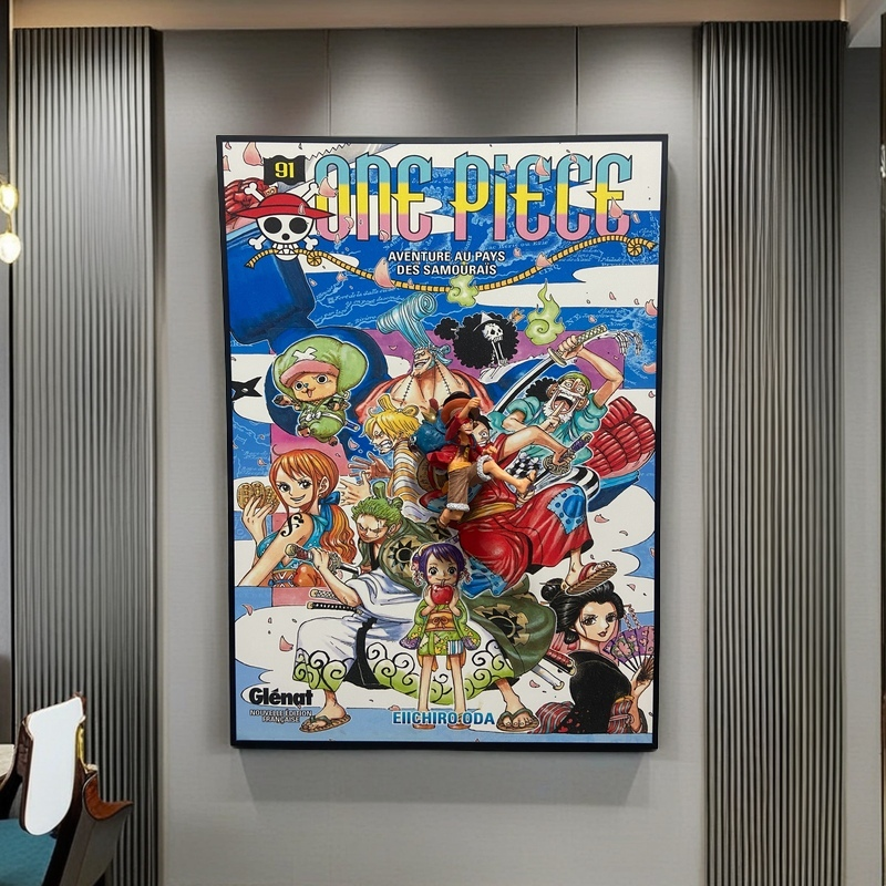 One Piece 3D wall art featuring Luffy figurine and vibrant manga poster design