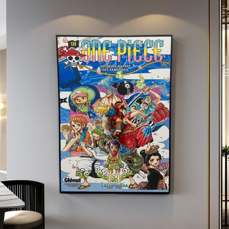 One Piece 3D wall art featuring Luffy figurine and vibrant manga poster design