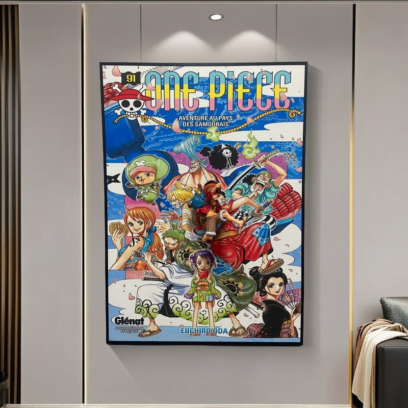 One Piece 3D wall art featuring Luffy figurine and vibrant manga poster design
