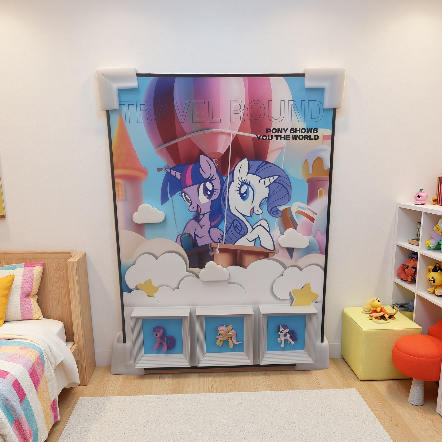 50×70cm 3D pony balloon adventure wall art with hot air balloon scene and framed figurines