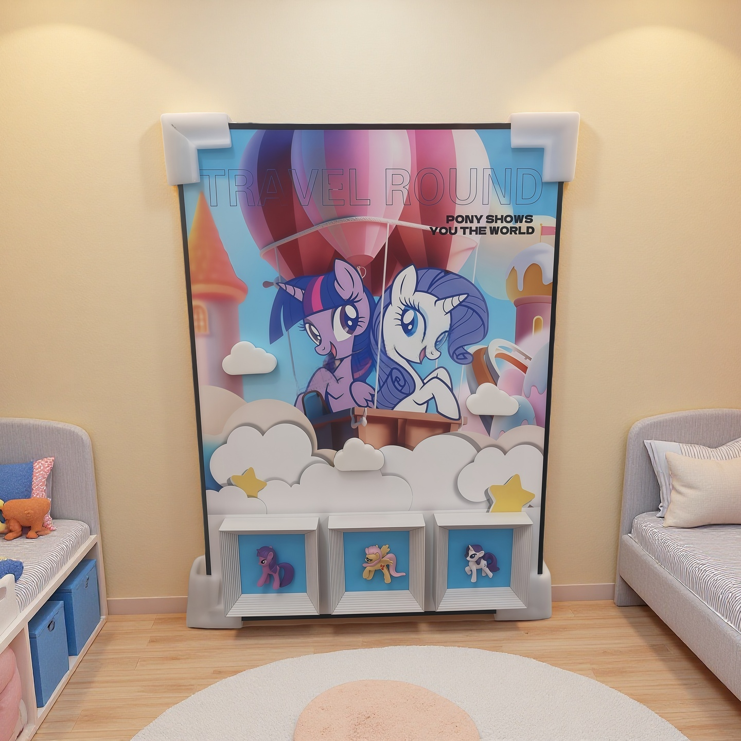 50×70cm 3D pony balloon adventure wall art with hot air balloon scene and framed figurines
