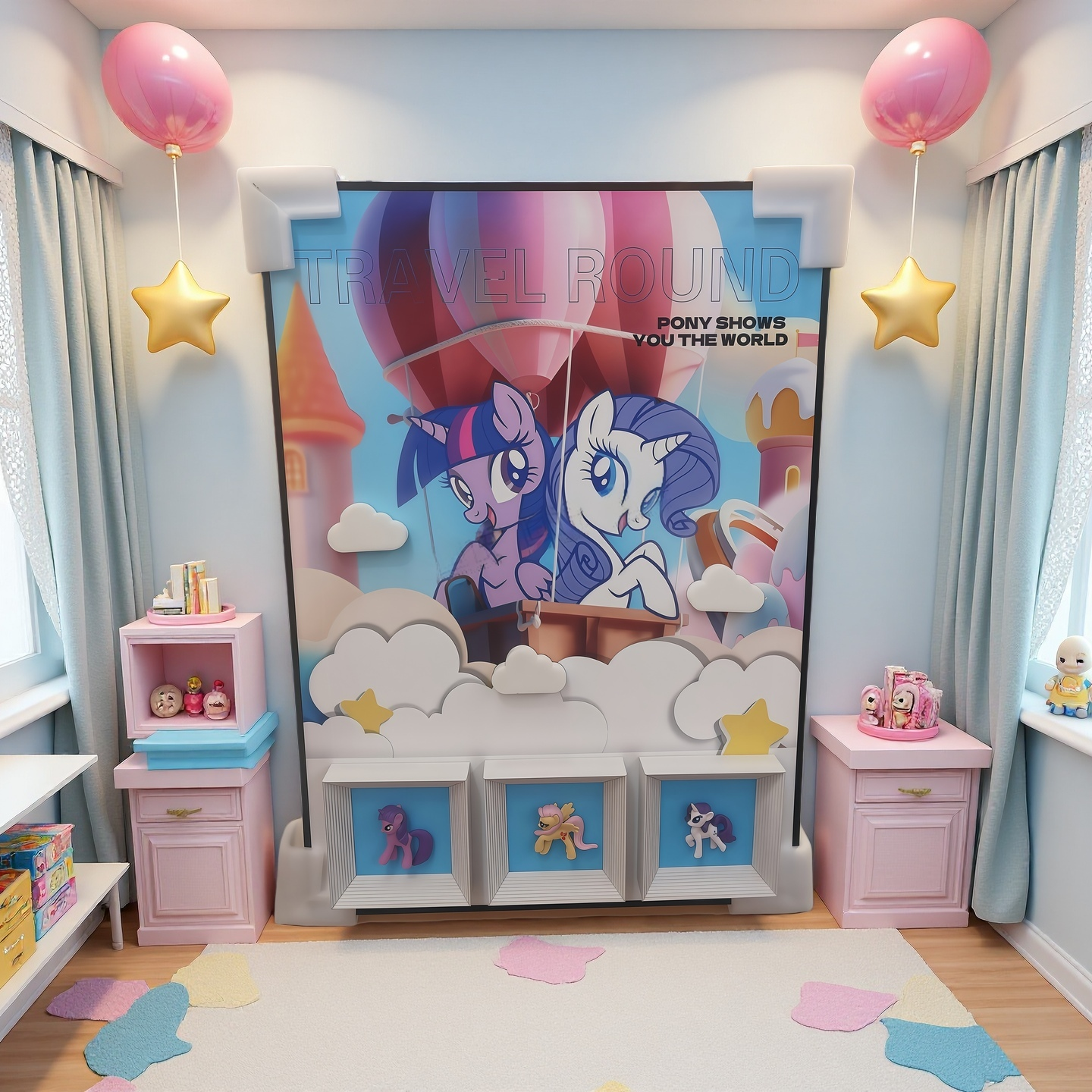 50×70cm 3D pony balloon adventure wall art with hot air balloon scene and framed figurines
