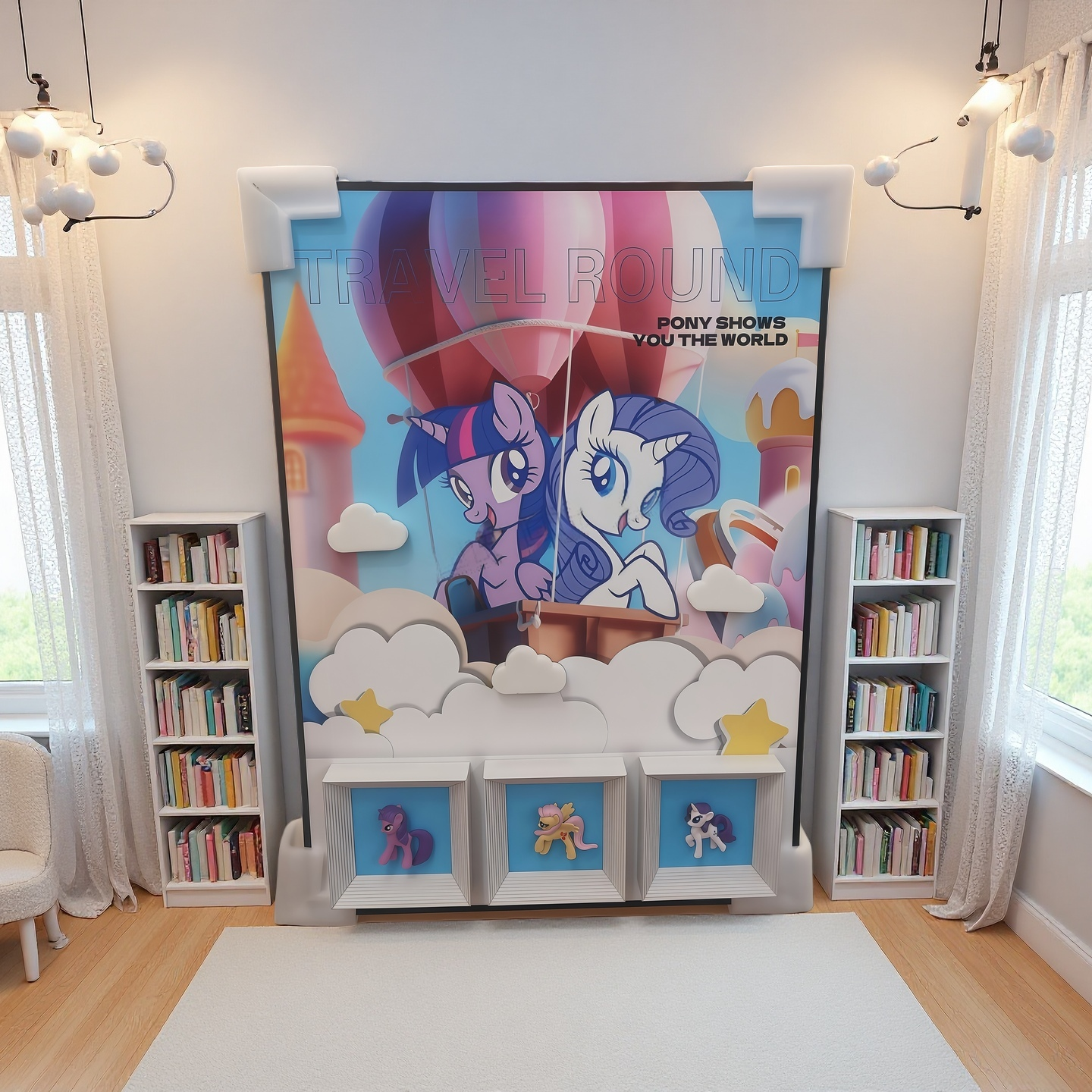 50×70cm 3D pony balloon adventure wall art with hot air balloon scene and framed figurines