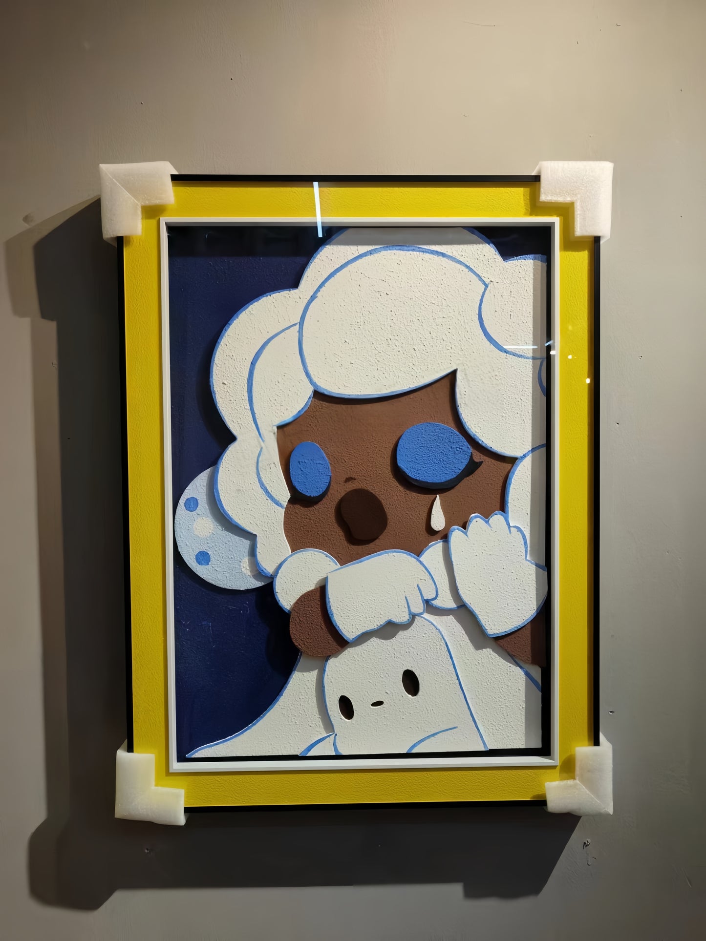 Pop Art Style crying character 3D wall art with yellow frame, 60×80cm wall hanging