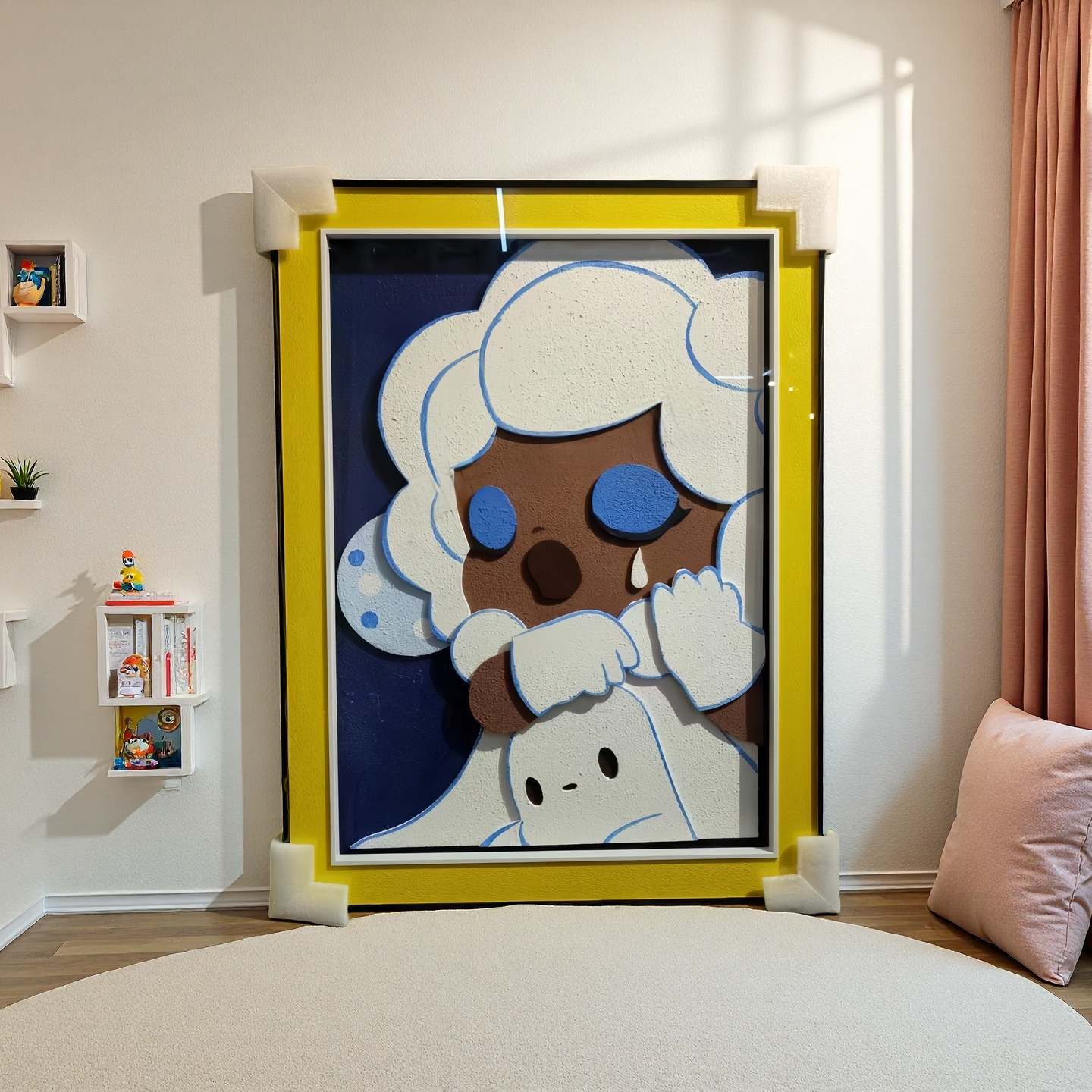 Pop Art Style crying character 3D wall art with yellow frame, 60×80cm wall hanging
