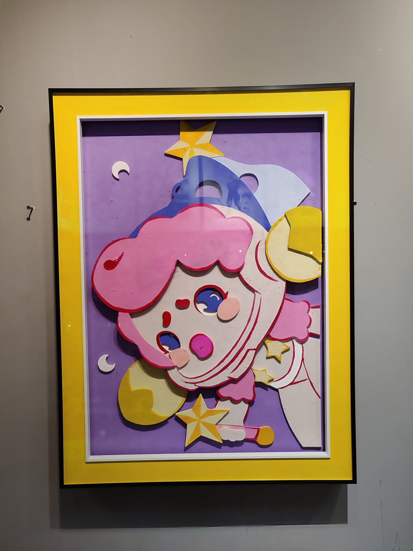 Pop Mart Molly 3D wall art sculpture in acrylic frame hanging on wall, 60×80 cm