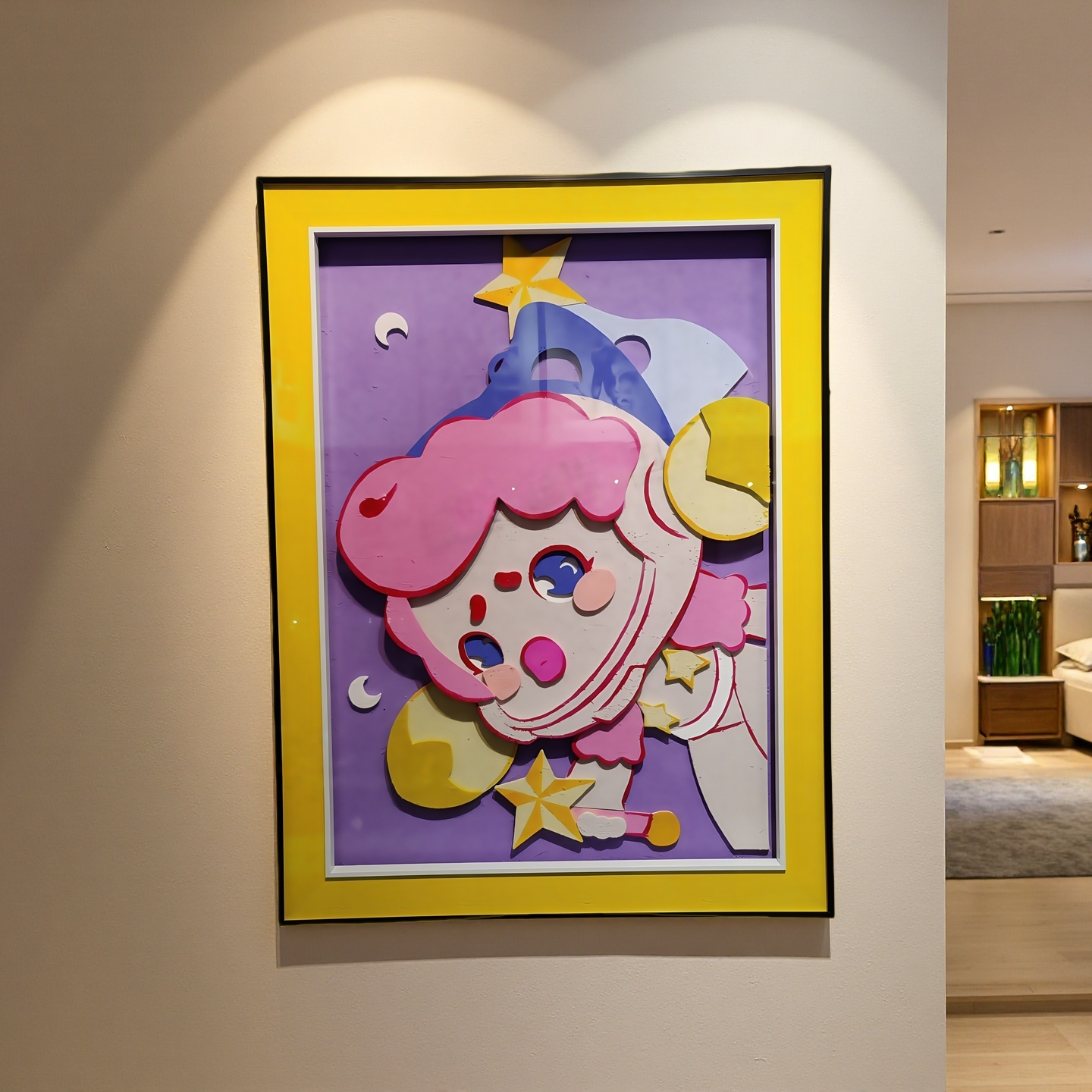Pop Mart Molly 3D wall art sculpture in acrylic frame hanging on wall, 60×80 cm