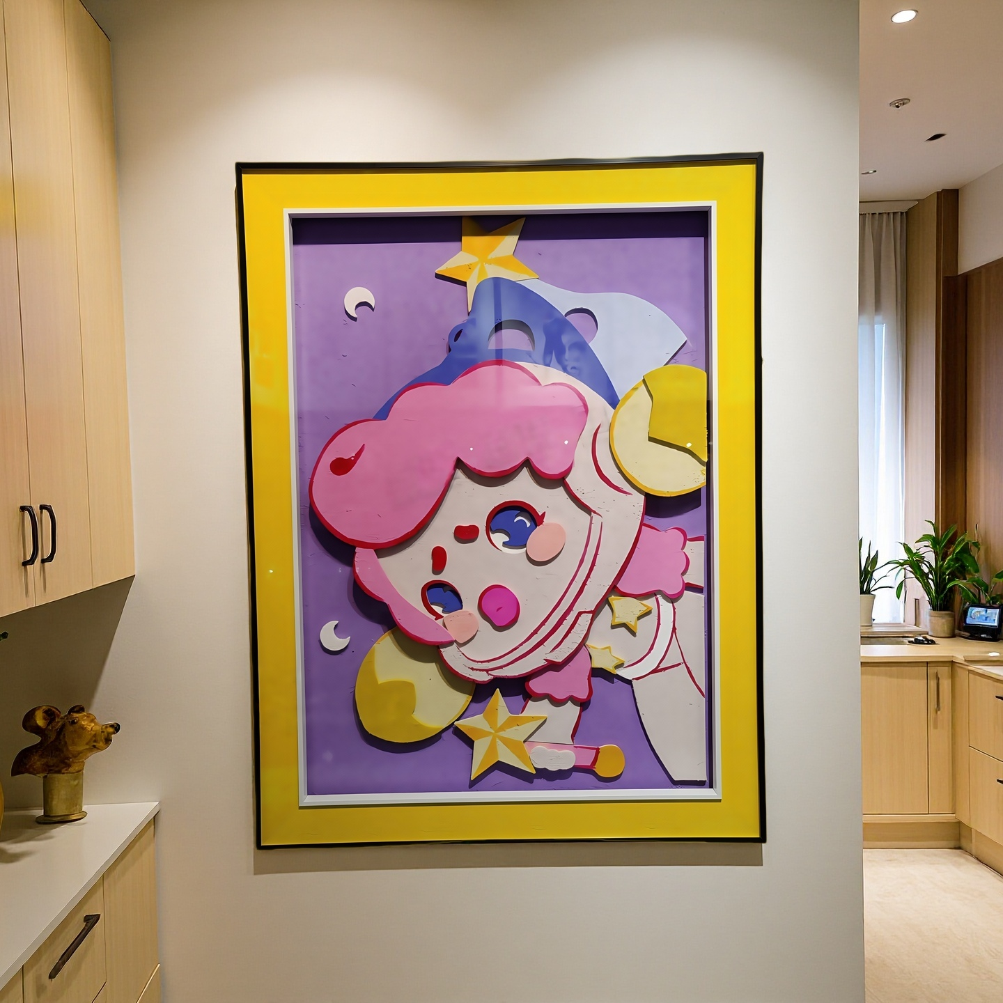 Pop Mart Molly 3D wall art sculpture in acrylic frame hanging on wall, 60×80 cm