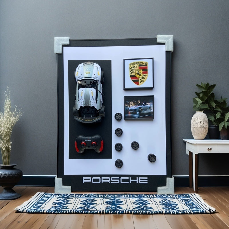 Porsche 3D RC car wall art with emblem, remote, wheels, and sports car image – modern decor for car enthusiasts