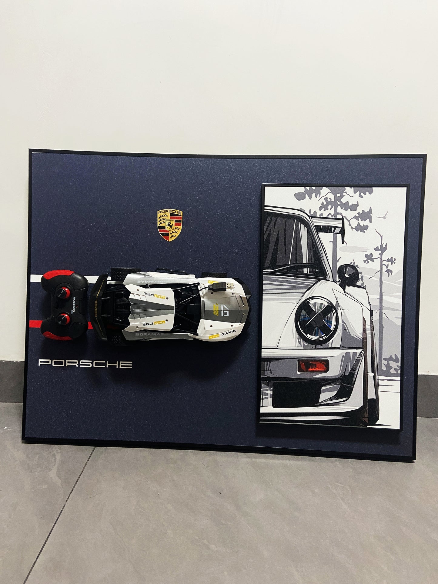 3D Porsche wall art with detachable RC car model and classic sports car illustration