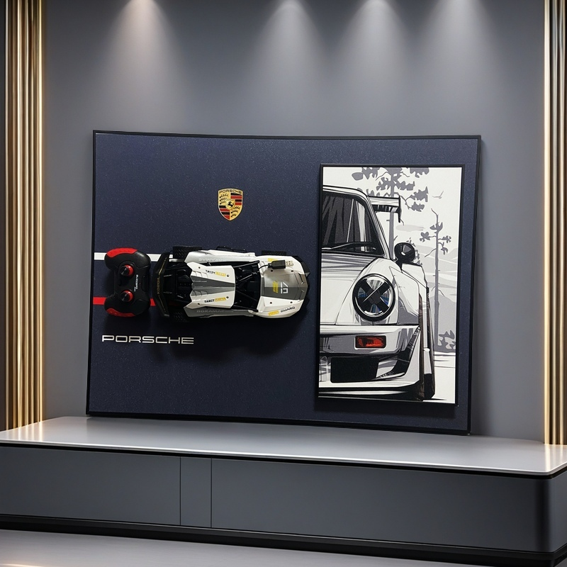 3D Porsche wall art with detachable RC car model and classic sports car illustration