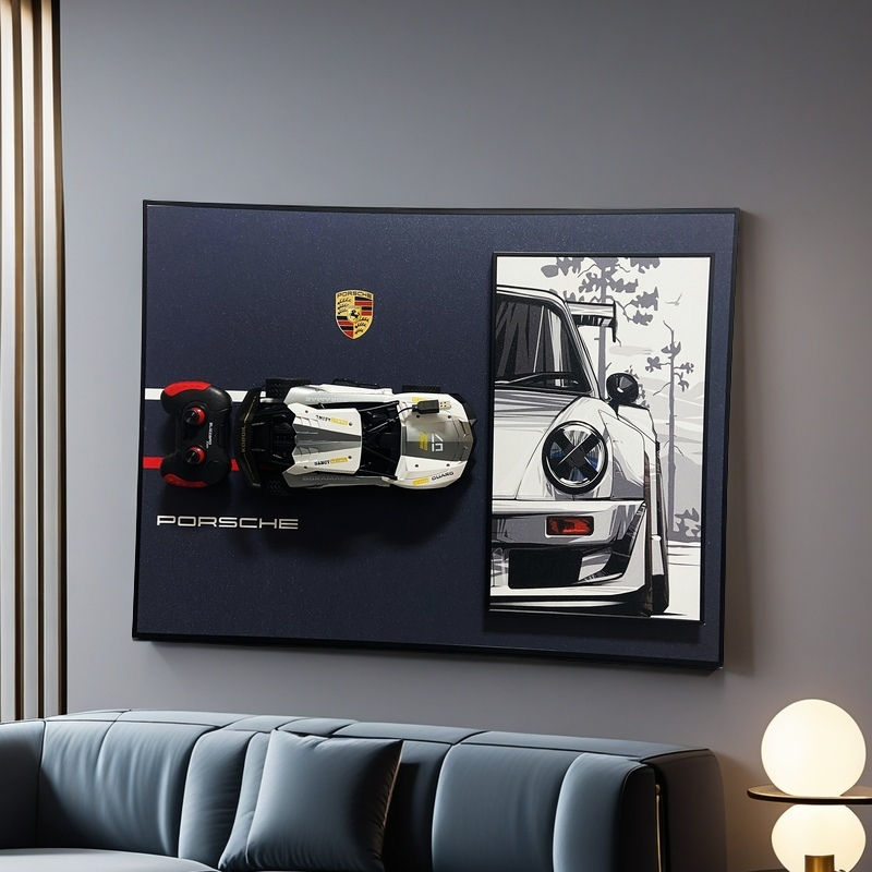 3D Porsche wall art with detachable RC car model and classic sports car illustration