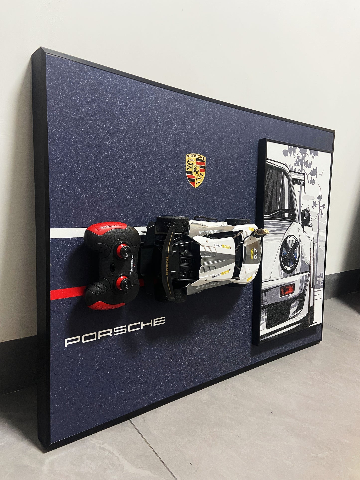 3D Porsche wall art with detachable RC car model and classic sports car illustration