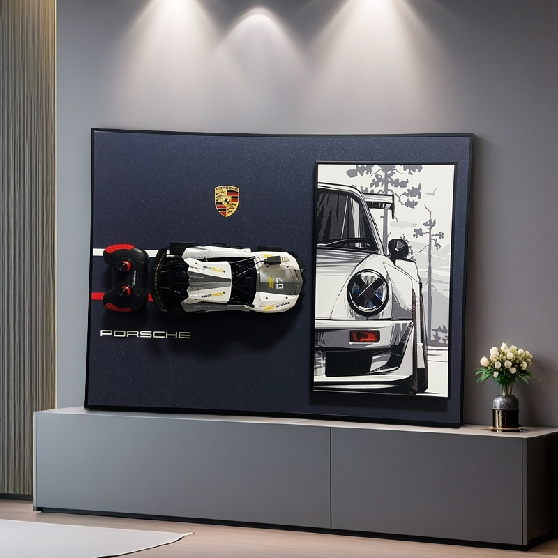 3D Porsche wall art with detachable RC car model and classic sports car illustration