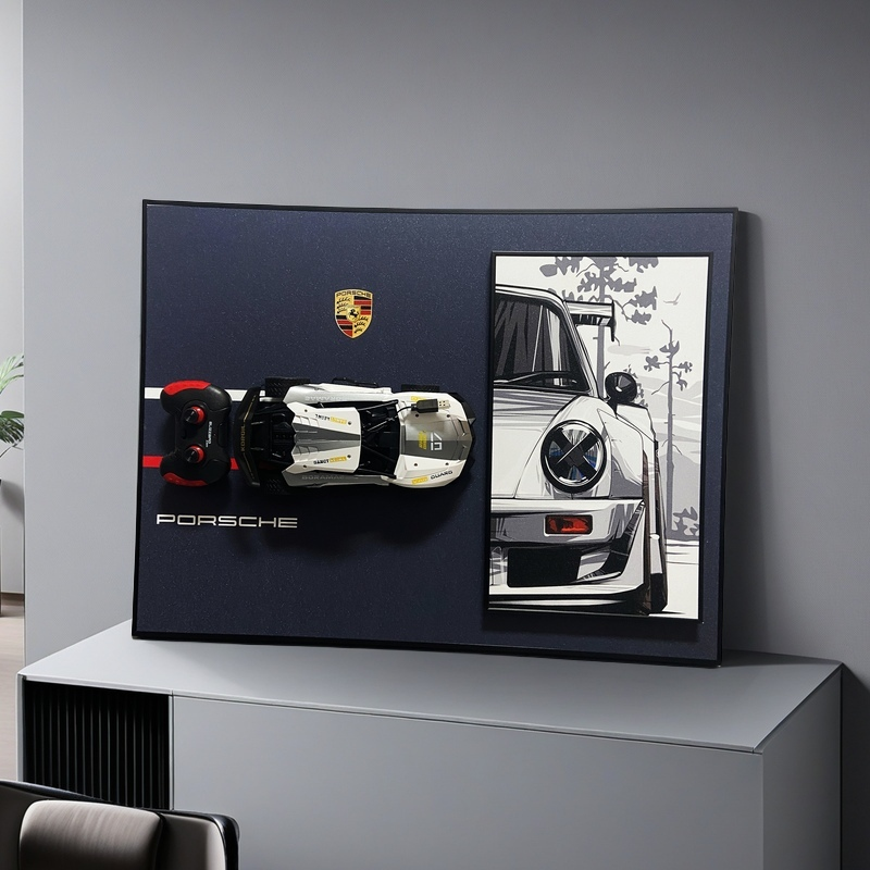 3D Porsche wall art with detachable RC car model and classic sports car illustration