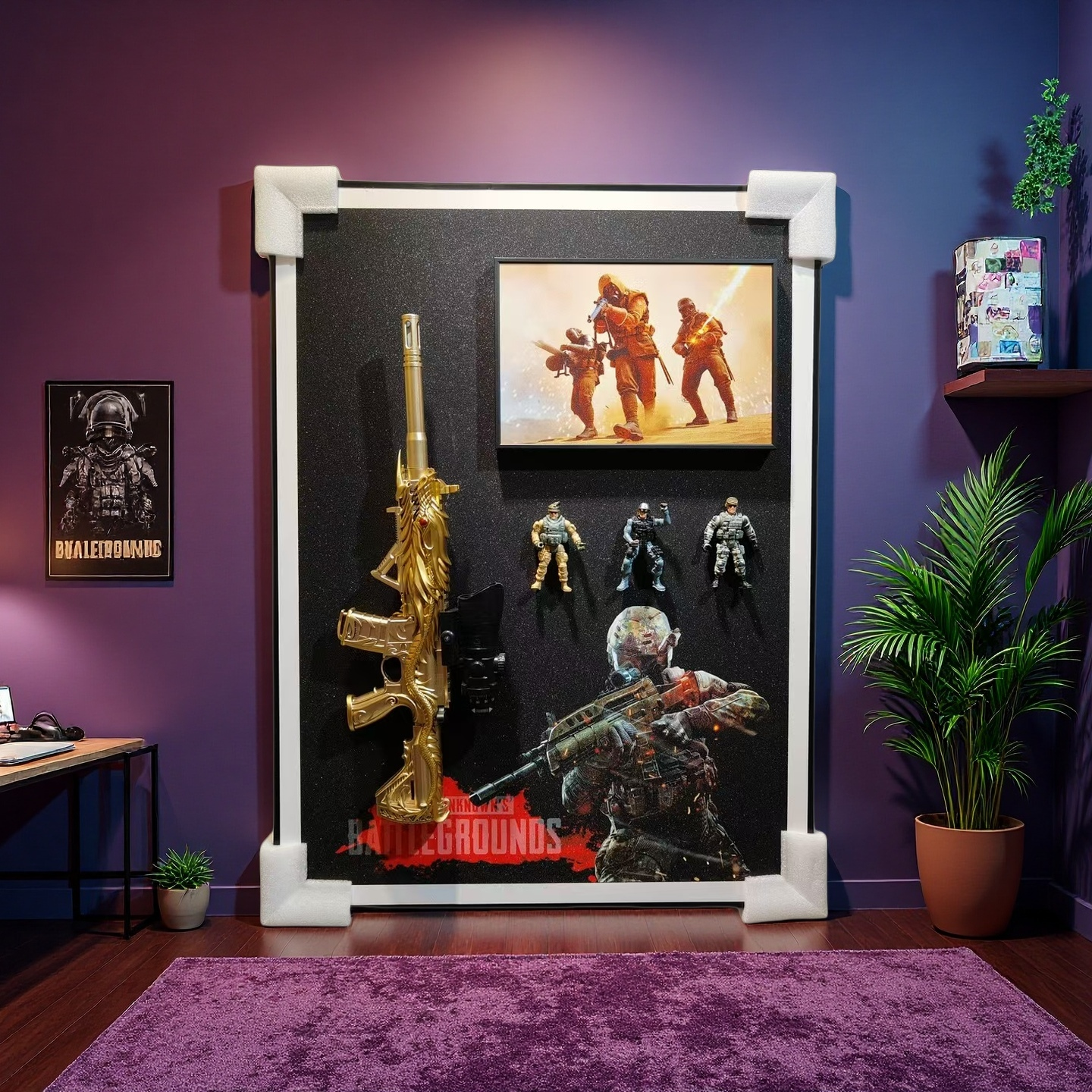 PUBG golden assault rifle 3D wall art with soldier figures for gaming room decor