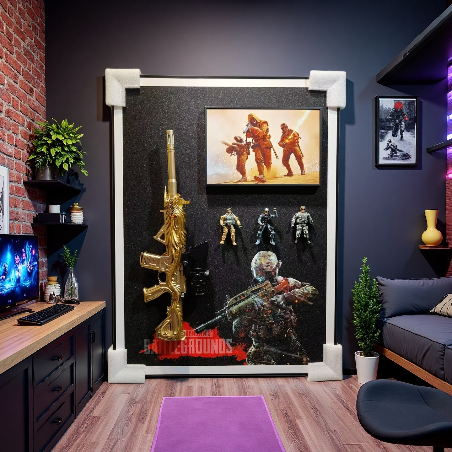 PUBG golden assault rifle 3D wall art with soldier figures for gaming room decor
