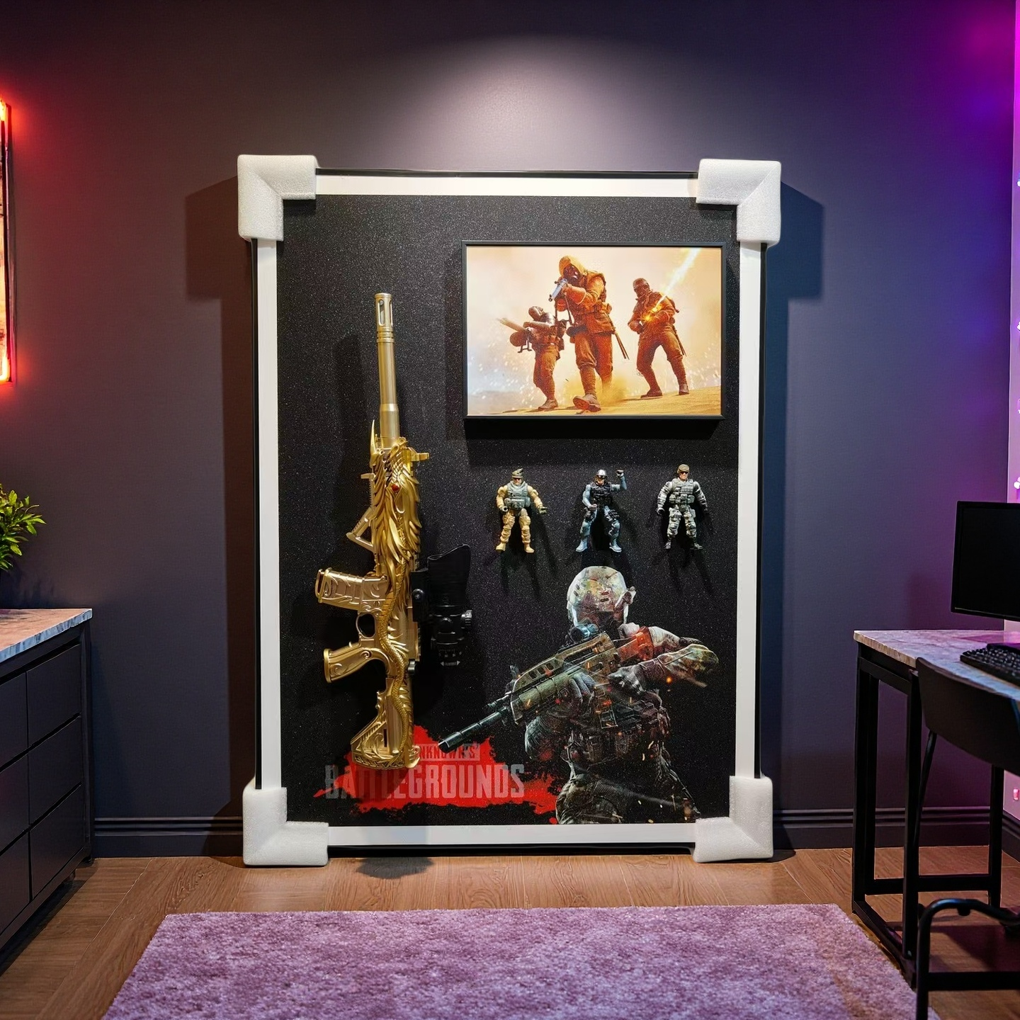 PUBG golden assault rifle 3D wall art with soldier figures for gaming room decor