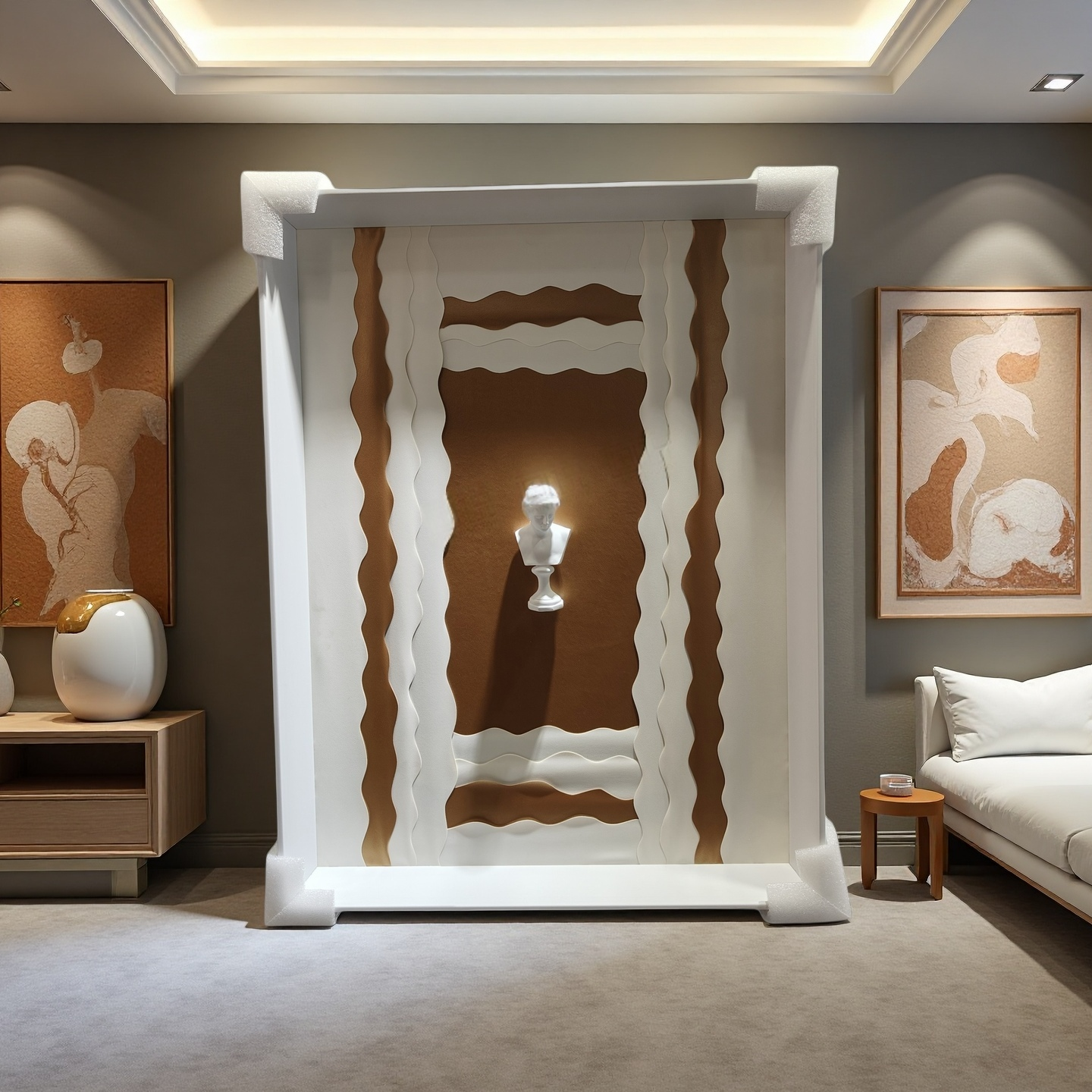 Sculptural relief wall art with classical bust in brown and white tones