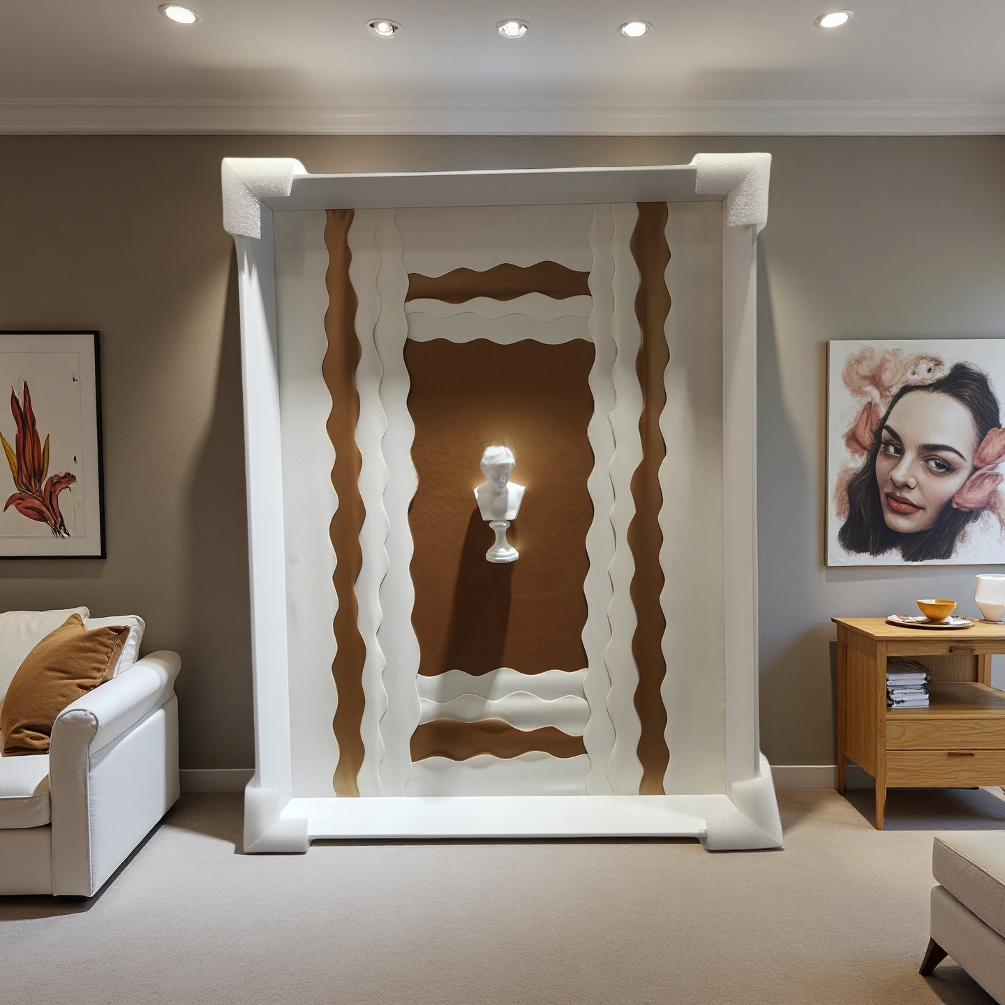 Sculptural relief wall art with classical bust in brown and white tones