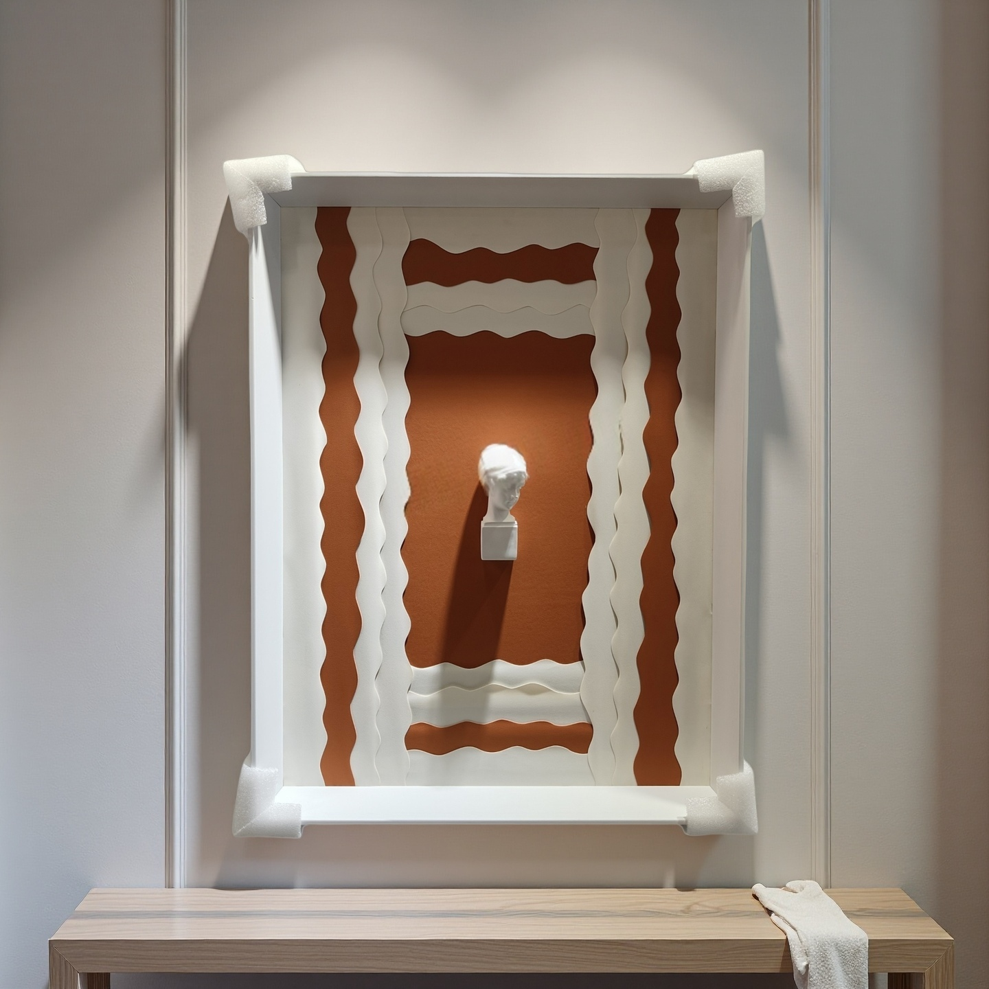 3D sculptural bust wall art with terracotta wave background and white frame – 50×70cm