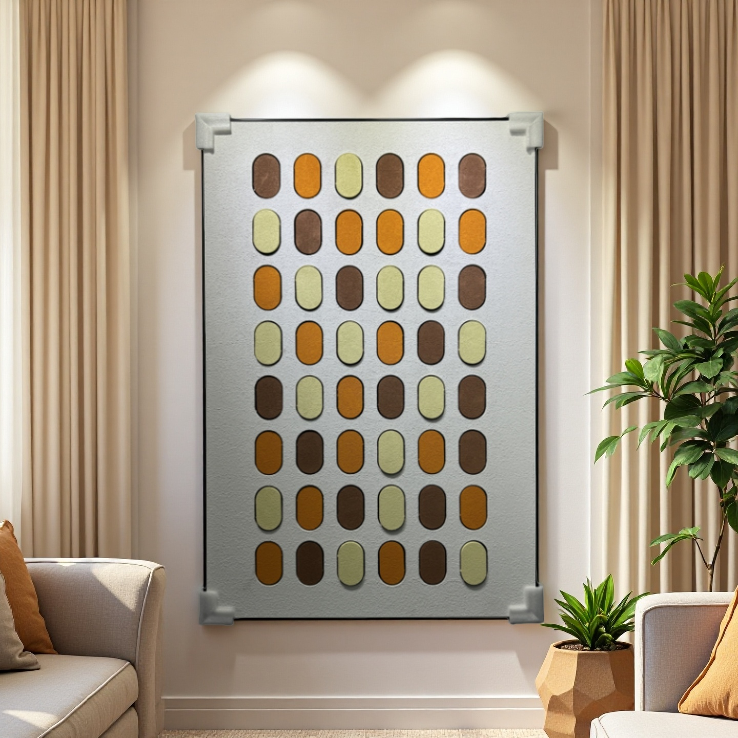 Geometric wall art with orange, yellow, and brown oval shapes – 80×120cm vertical canvas for cozy interior décor