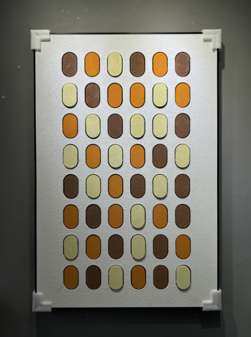 Geometric wall art with orange, yellow, and brown oval shapes – 80×120cm vertical canvas for cozy interior décor