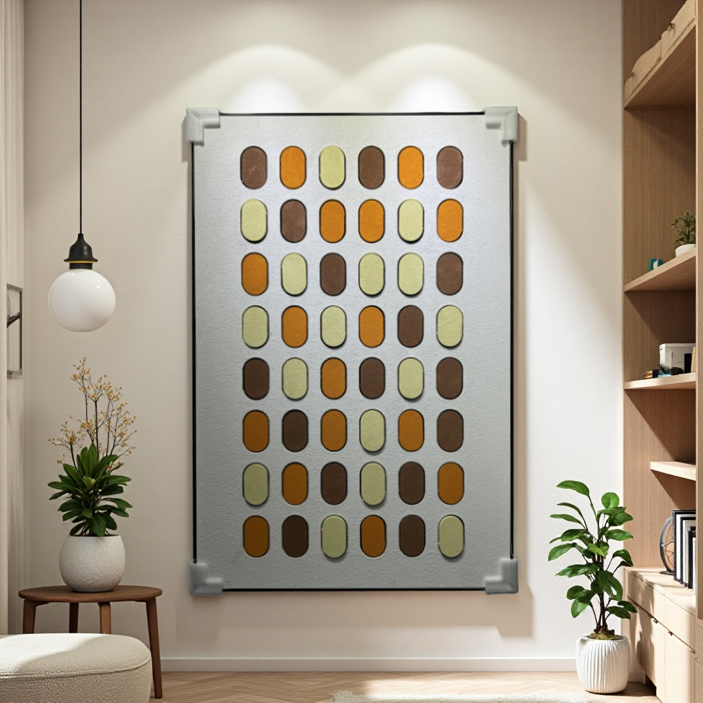 Geometric wall art with orange, yellow, and brown oval shapes – 80×120cm vertical canvas for cozy interior décor