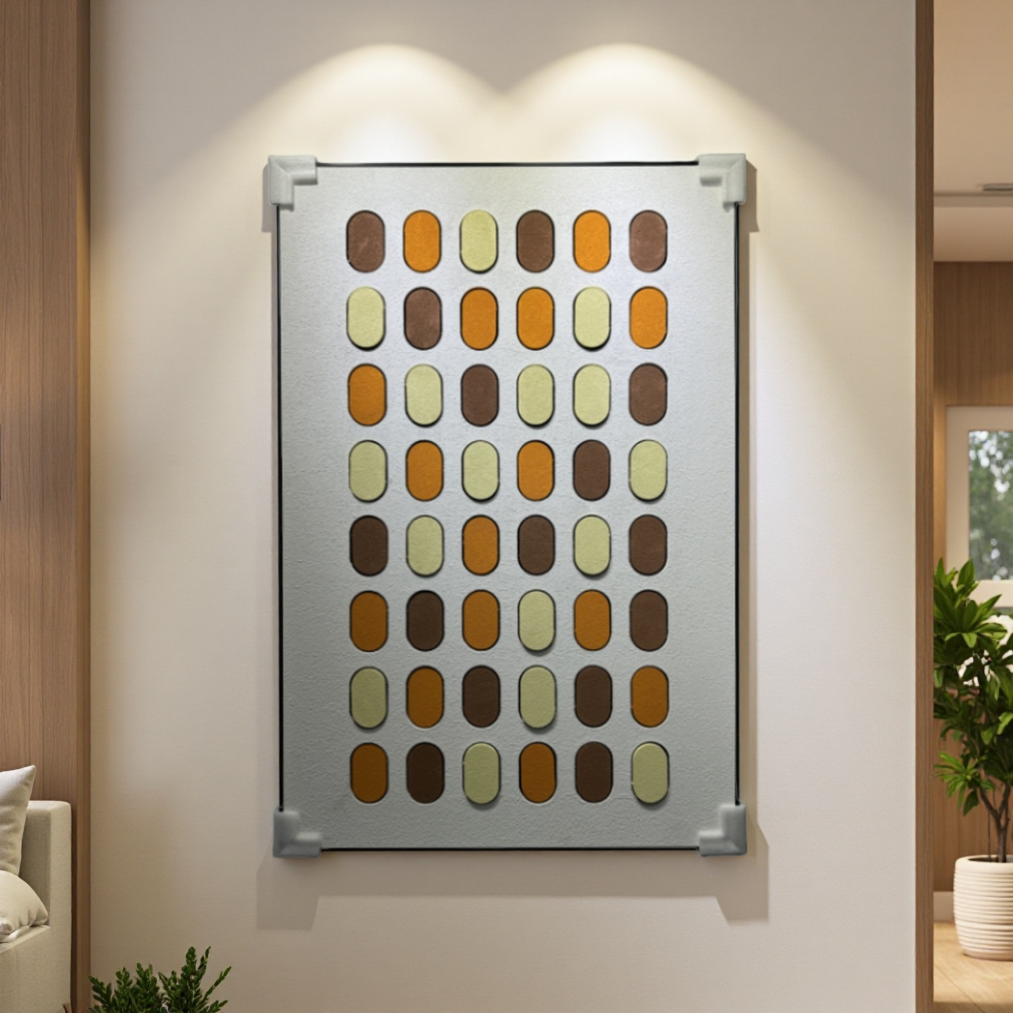 Geometric wall art with orange, yellow, and brown oval shapes – 80×120cm vertical canvas for cozy interior décor