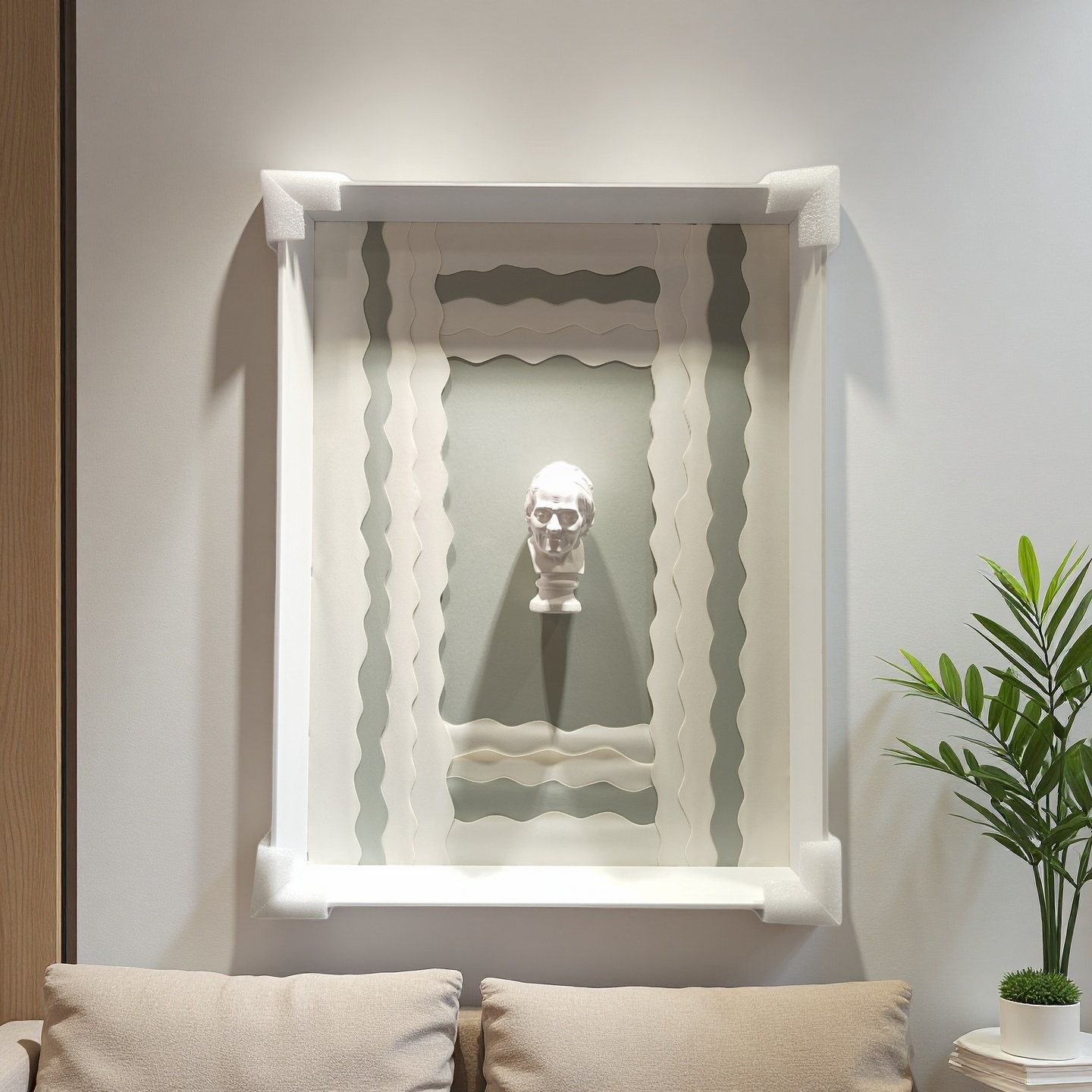 50×70cm framed wave-style wall art with white classical bust and mint backdrop