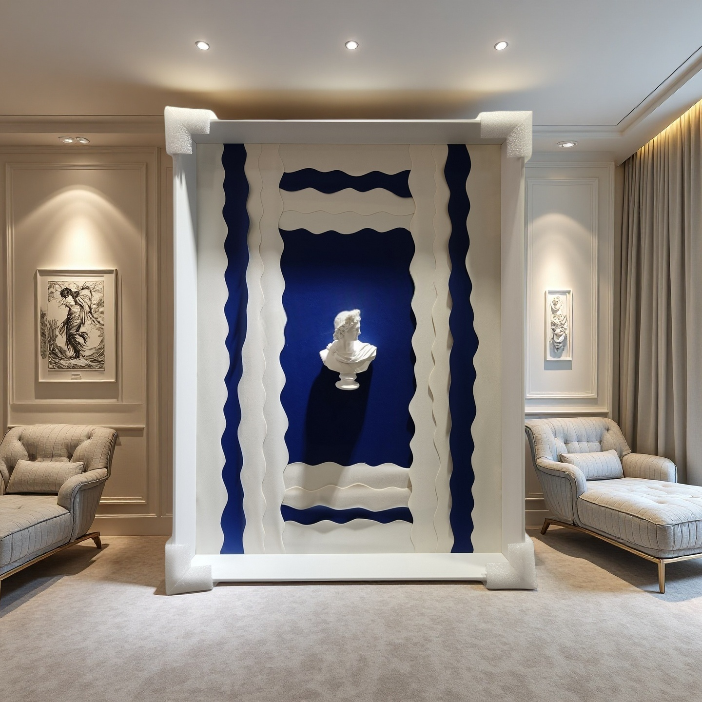 Modern wave sculpture wall art featuring a classical white bust on a layered blue and white background with a white frame