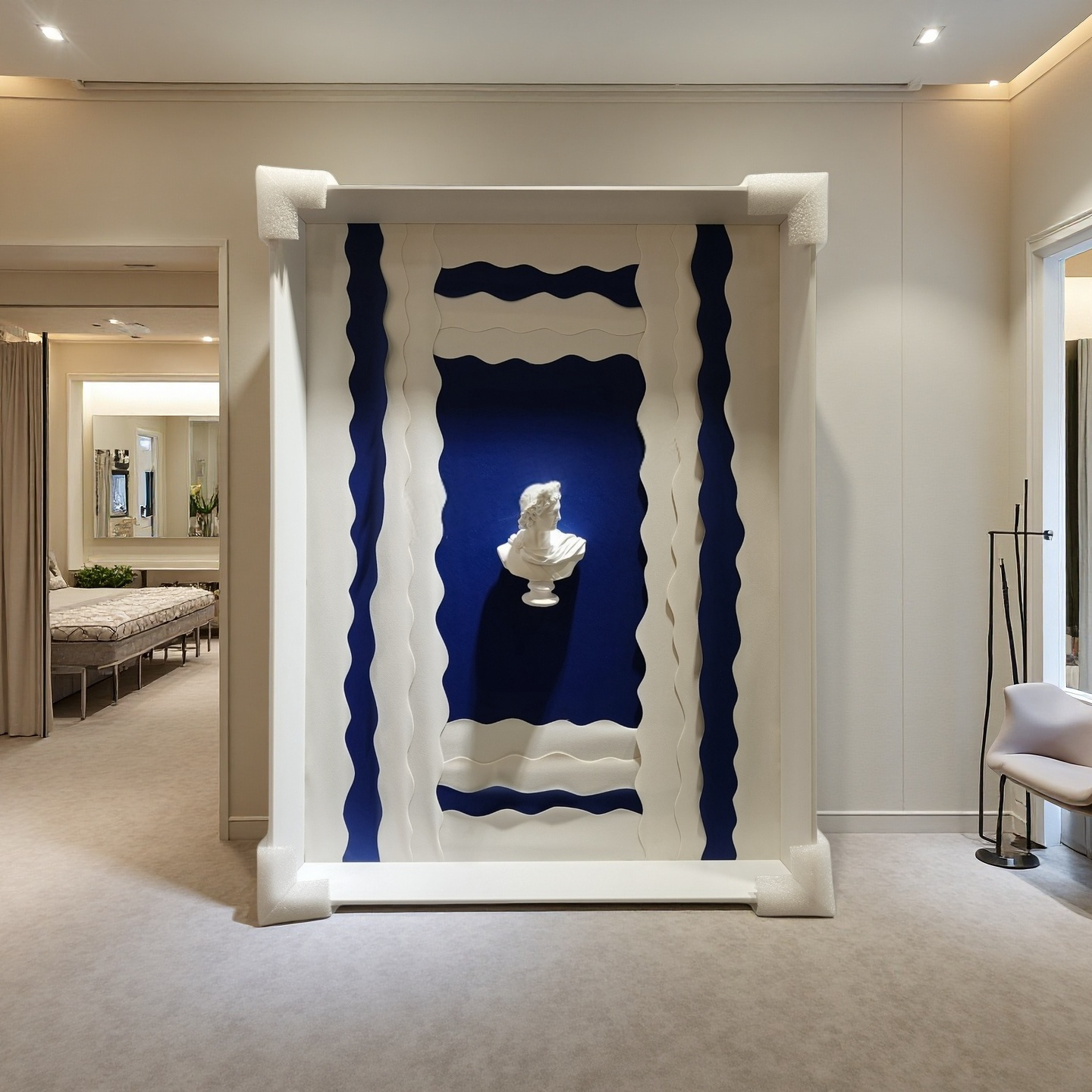 Modern wave sculpture wall art featuring a classical white bust on a layered blue and white background with a white frame