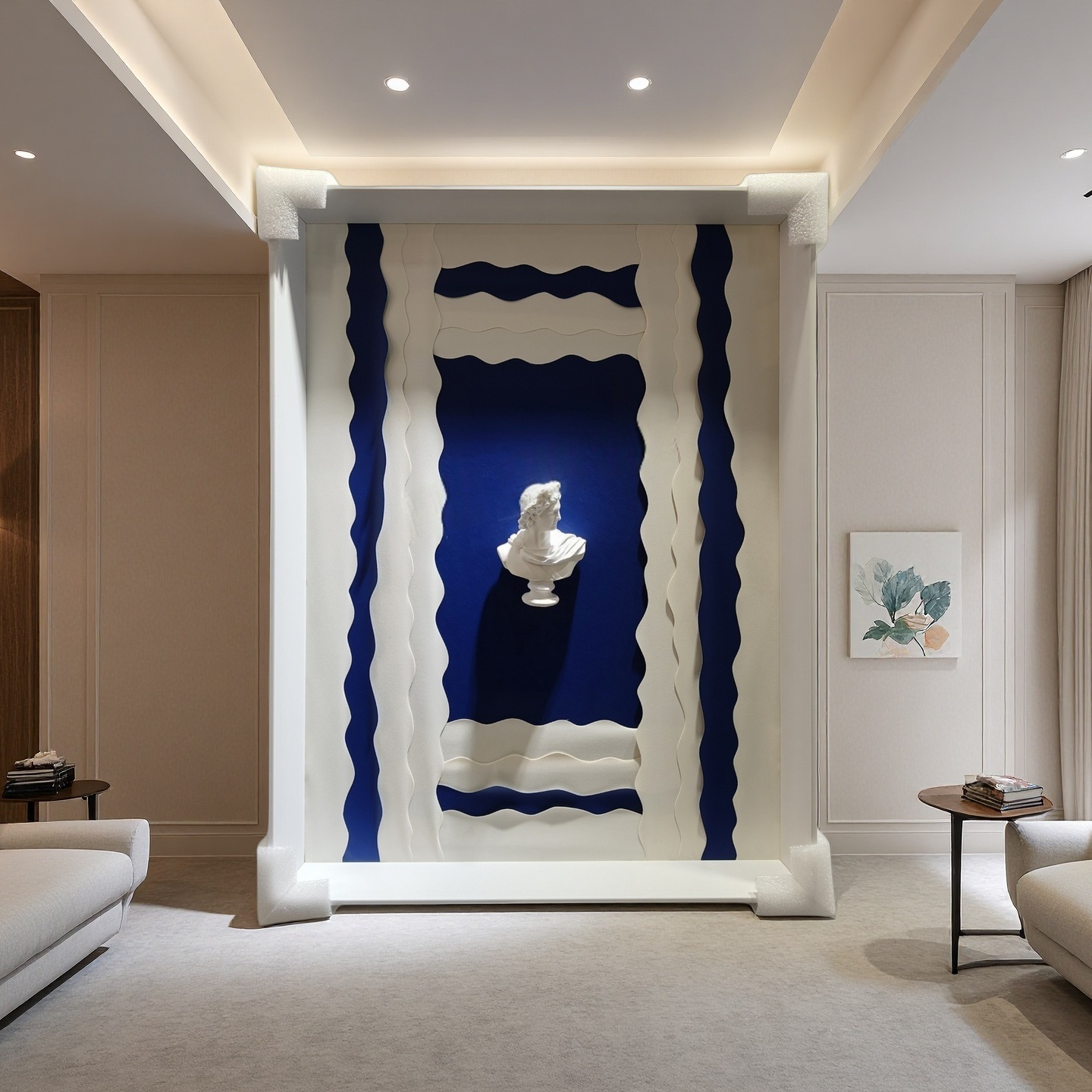Modern wave sculpture wall art featuring a classical white bust on a layered blue and white background with a white frame