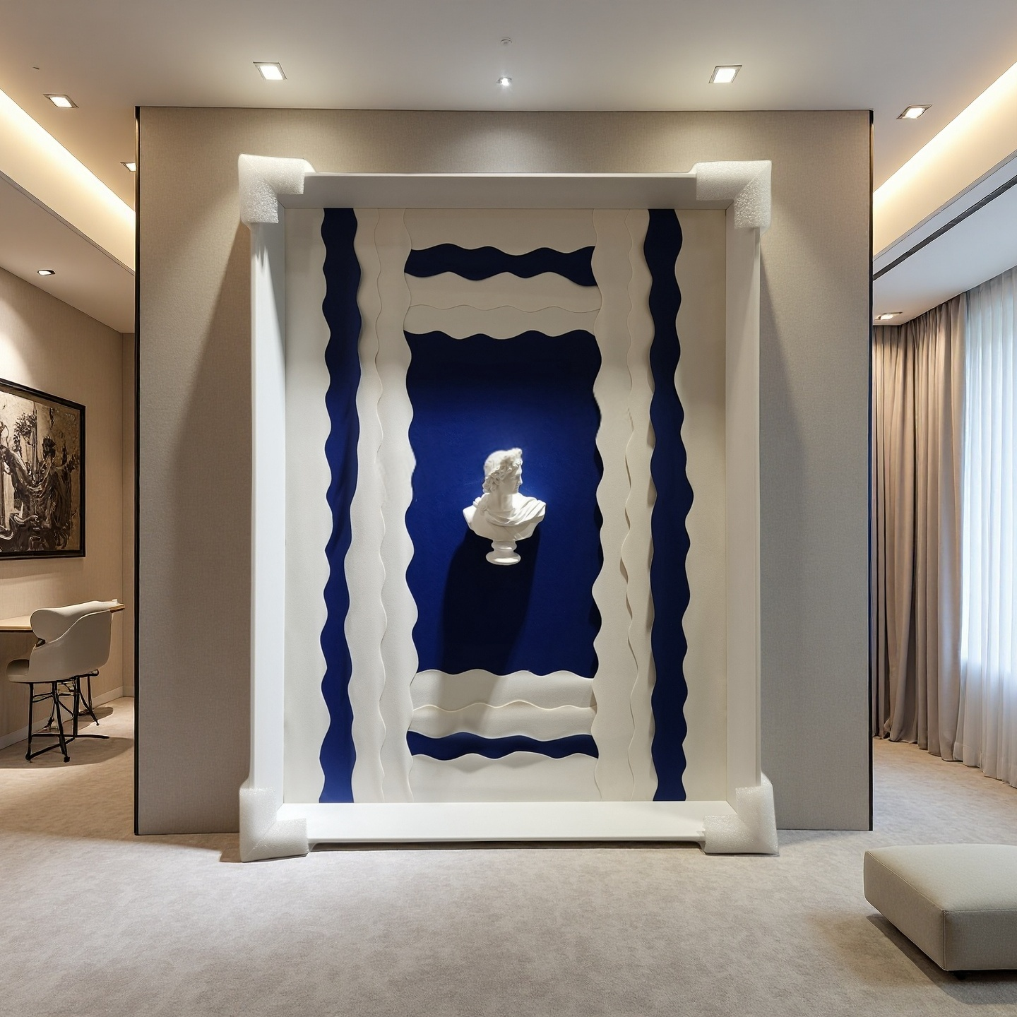 Modern wave sculpture wall art featuring a classical white bust on a layered blue and white background with a white frame