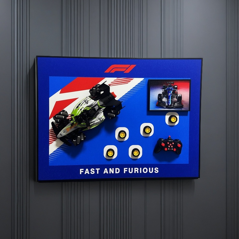 F1 racing 3D wall art with detachable RC car, extra wheels, controller, and bold racing design