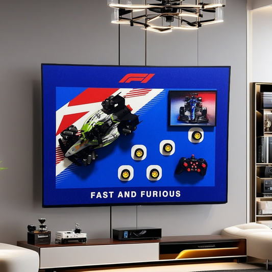 F1 racing 3D wall art with detachable RC car, extra wheels, controller, and bold racing design