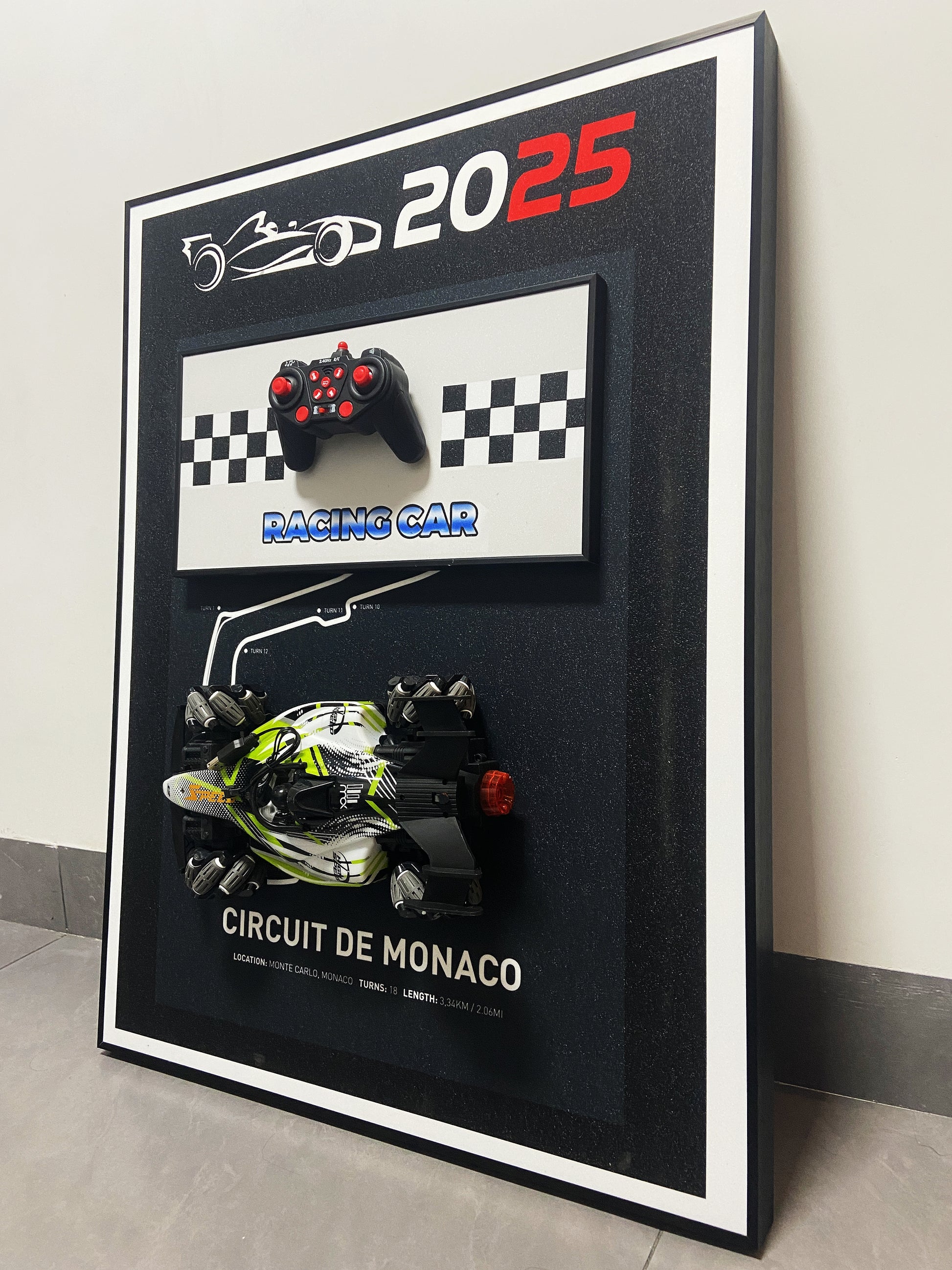 F1 3D wall art featuring detachable RC car and Monaco racing circuit for home decoration