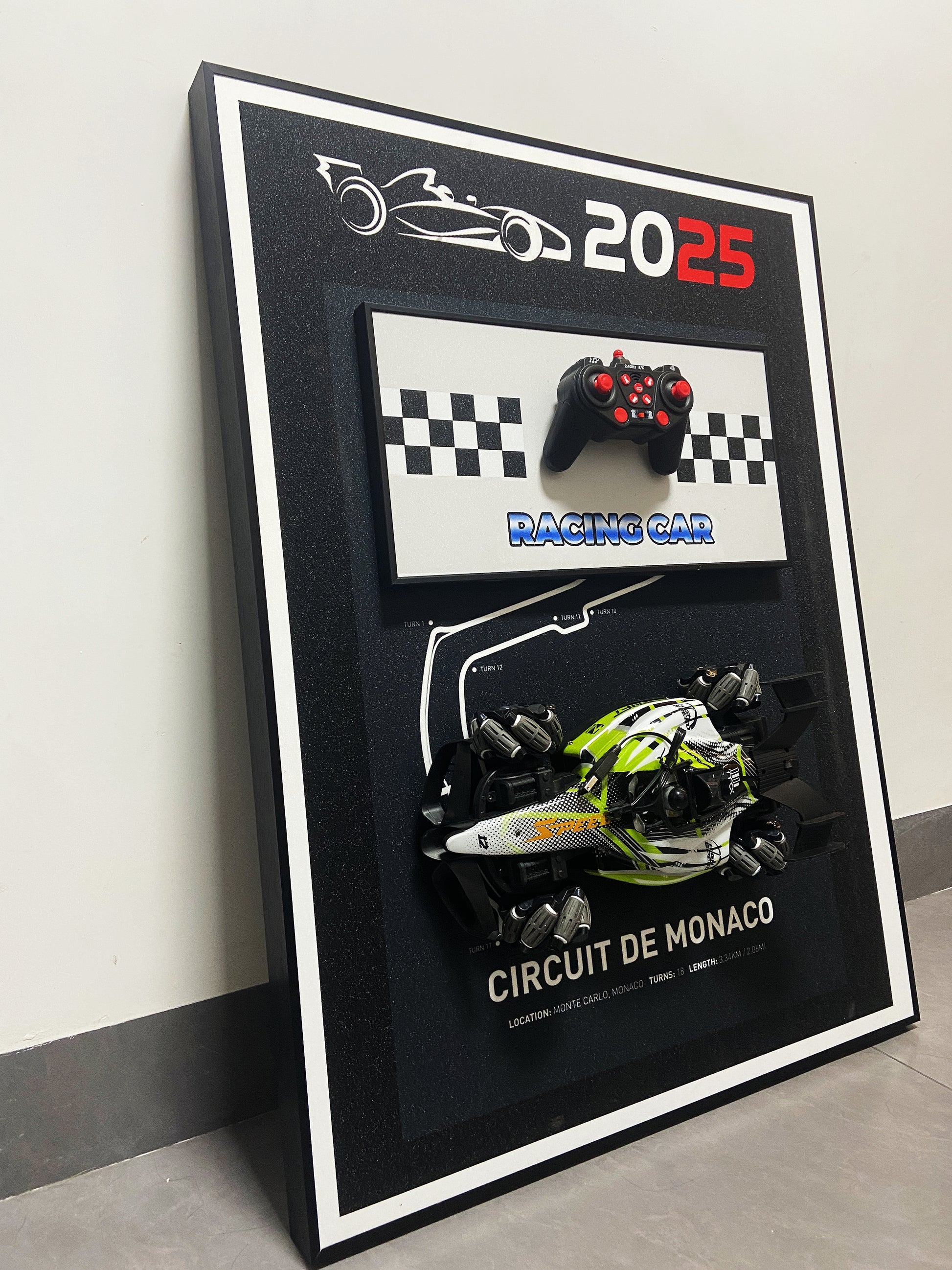 F1 3D wall art featuring detachable RC car and Monaco racing circuit for home decoration