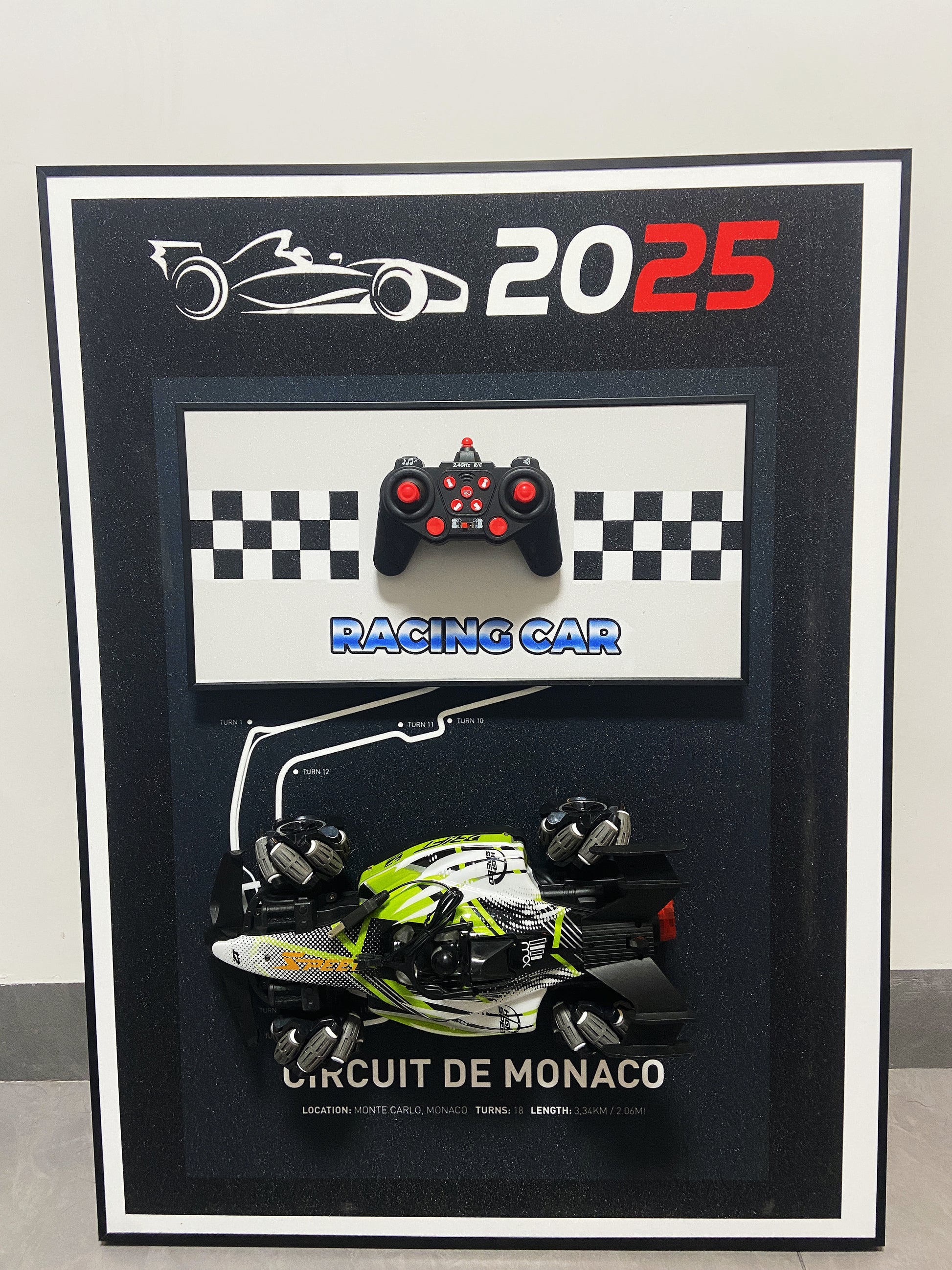 F1 3D wall art featuring detachable RC car and Monaco racing circuit for home decoration