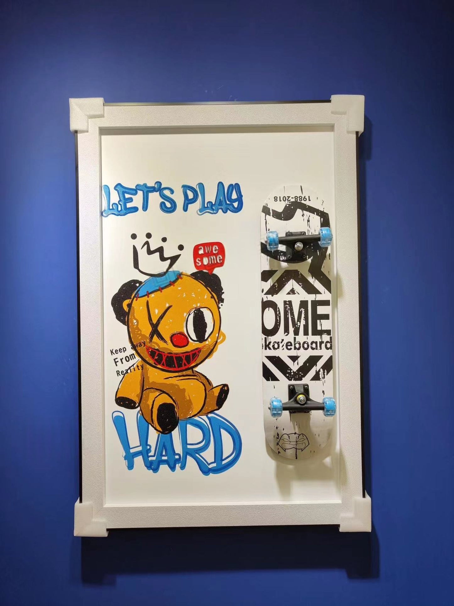 3D skateboard wall art with cartoon bear and Let’s Play Hard design