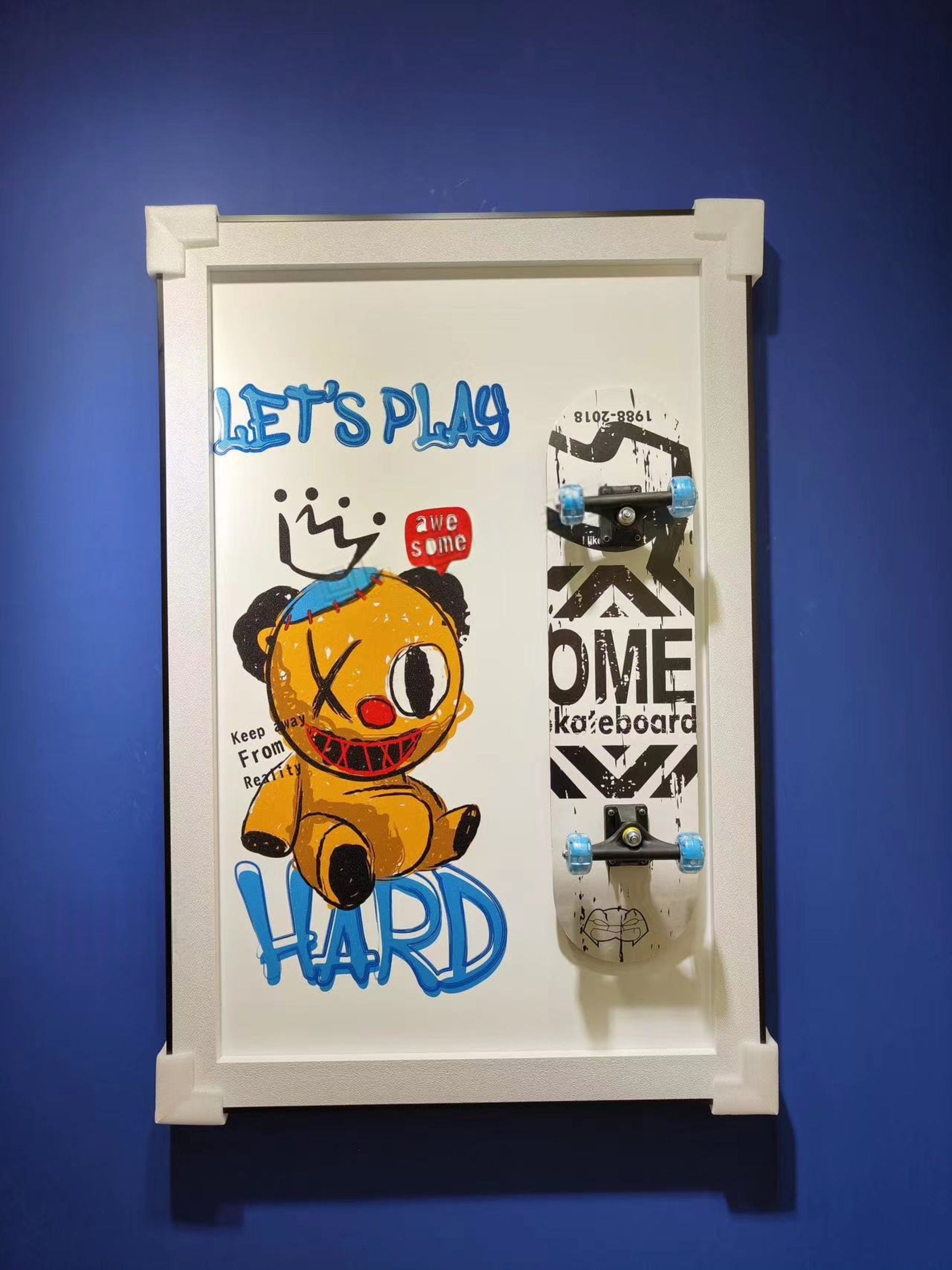 3D skateboard wall art with cartoon bear and Let’s Play Hard design