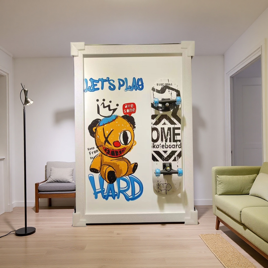 3D skateboard wall art with cartoon bear and Let’s Play Hard design